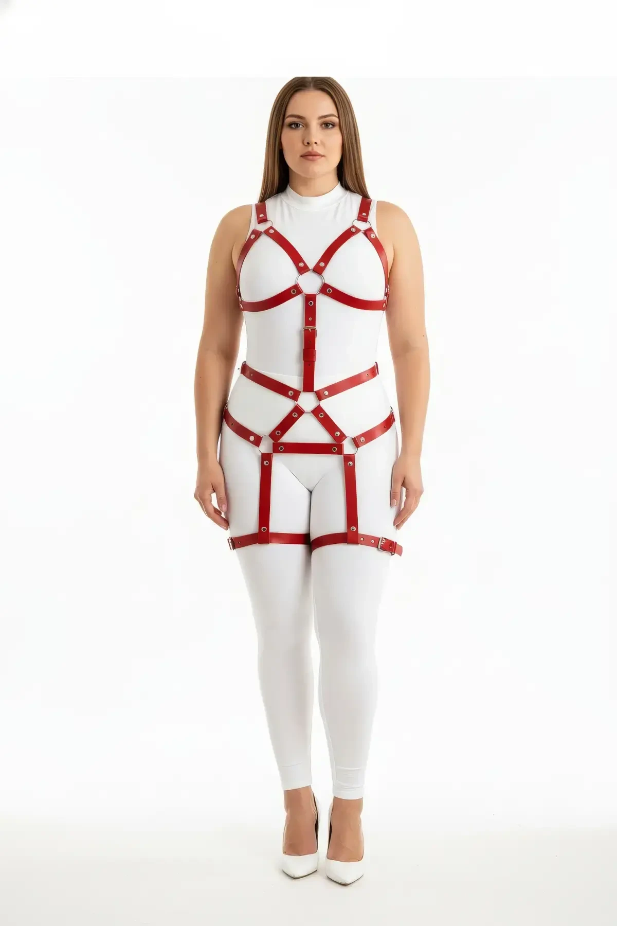 Plus Size Red Women's Leather Harness Suit with Garter Body Accessory - APFT750