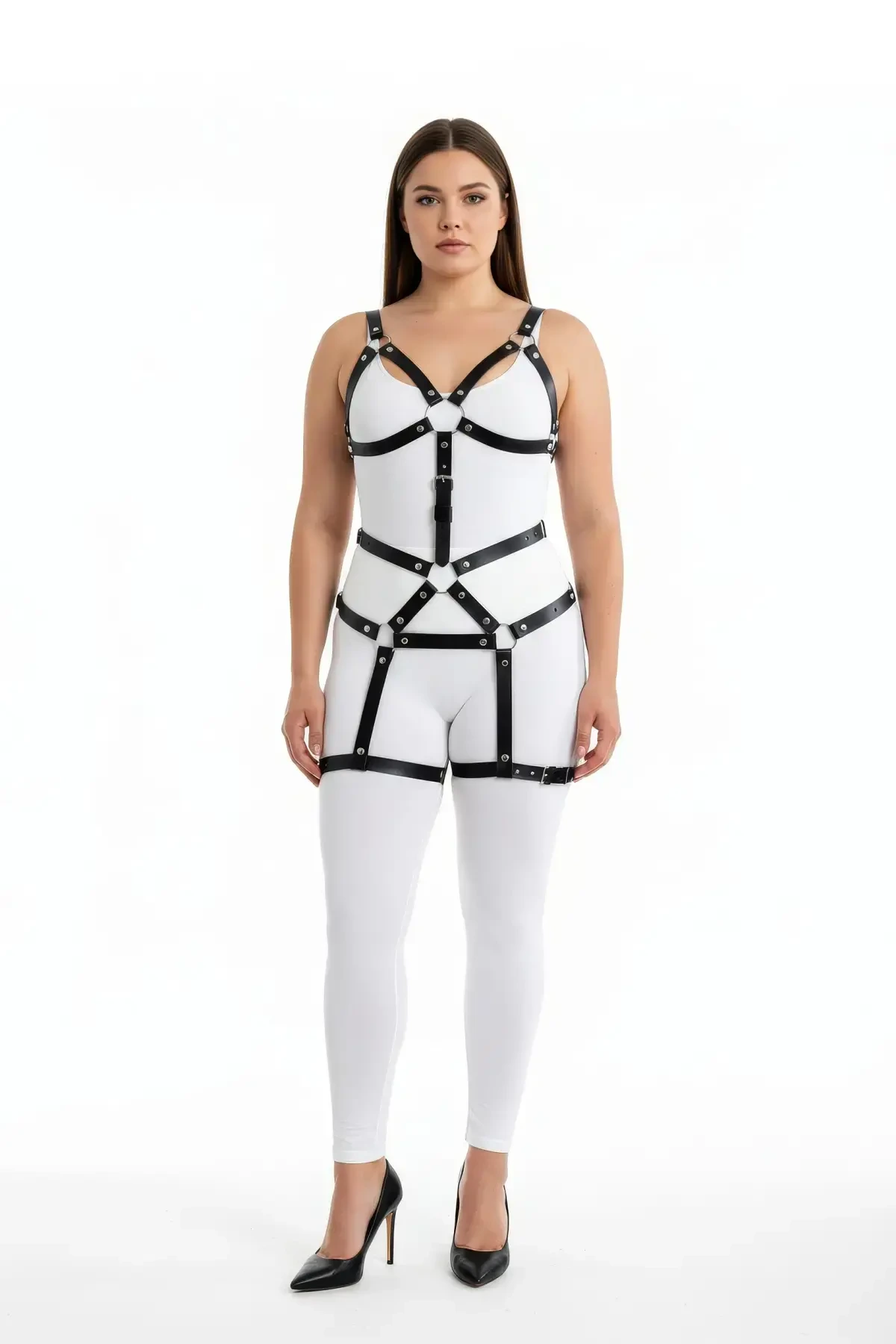 Plus Size Black Women's Harness Suit Leather Bodysuit Fancy Accessory - APFT750