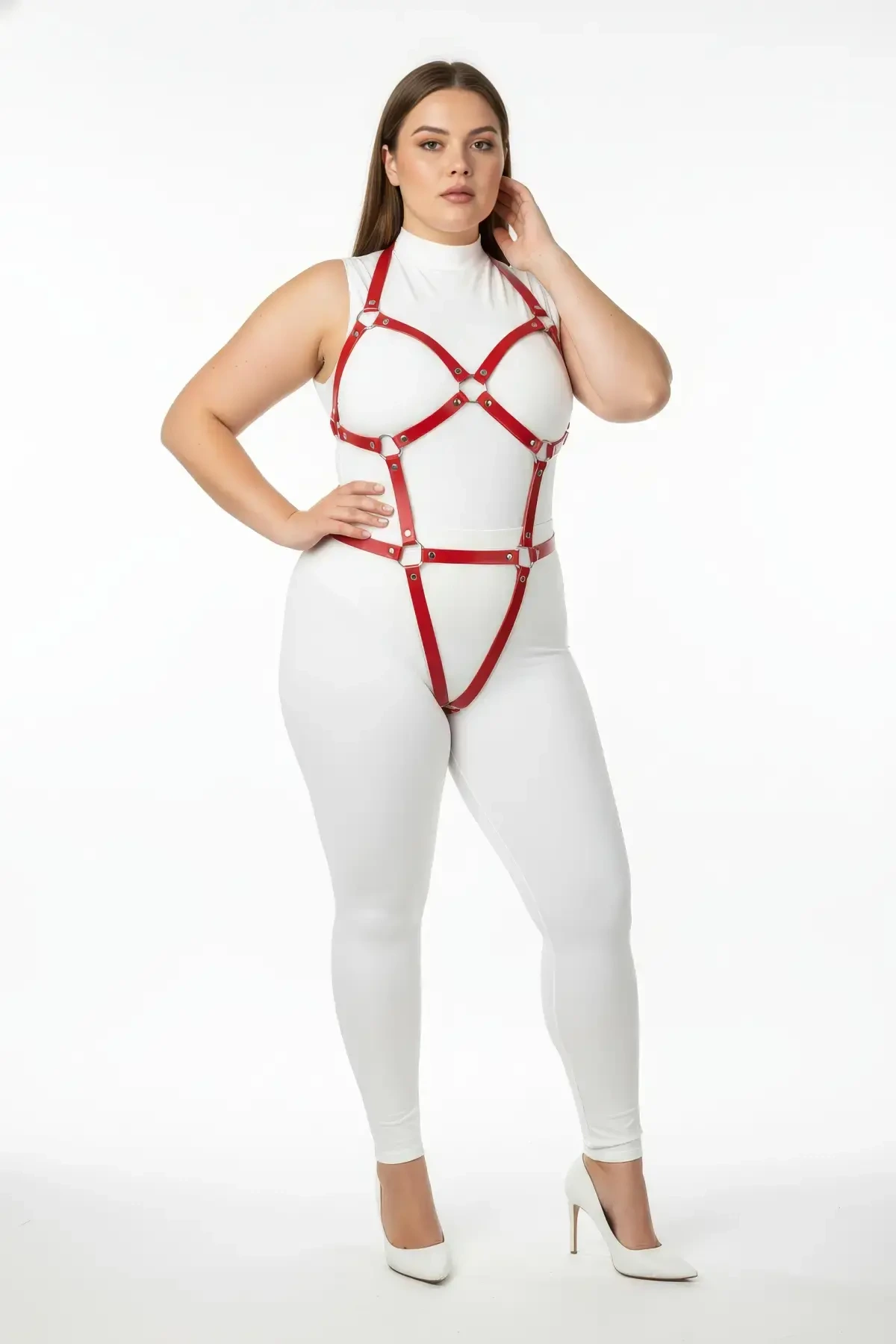 Plus Size Red Women's Harness Suit Full Body Leather Fantasy Accessory - APFT759