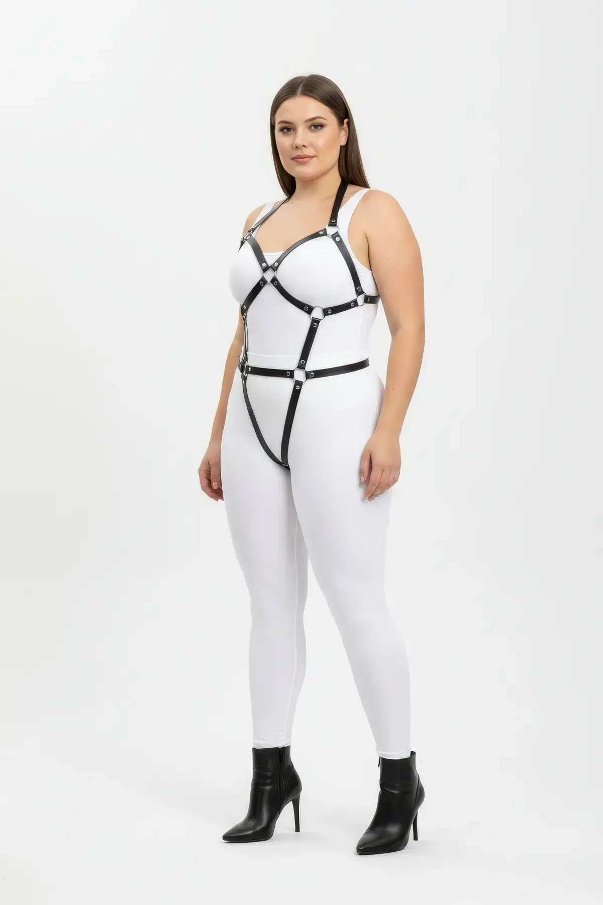 Plus Size Black Women's Full Body Leather Harness Set with Ring Detail Fancy Accessory - APFT759