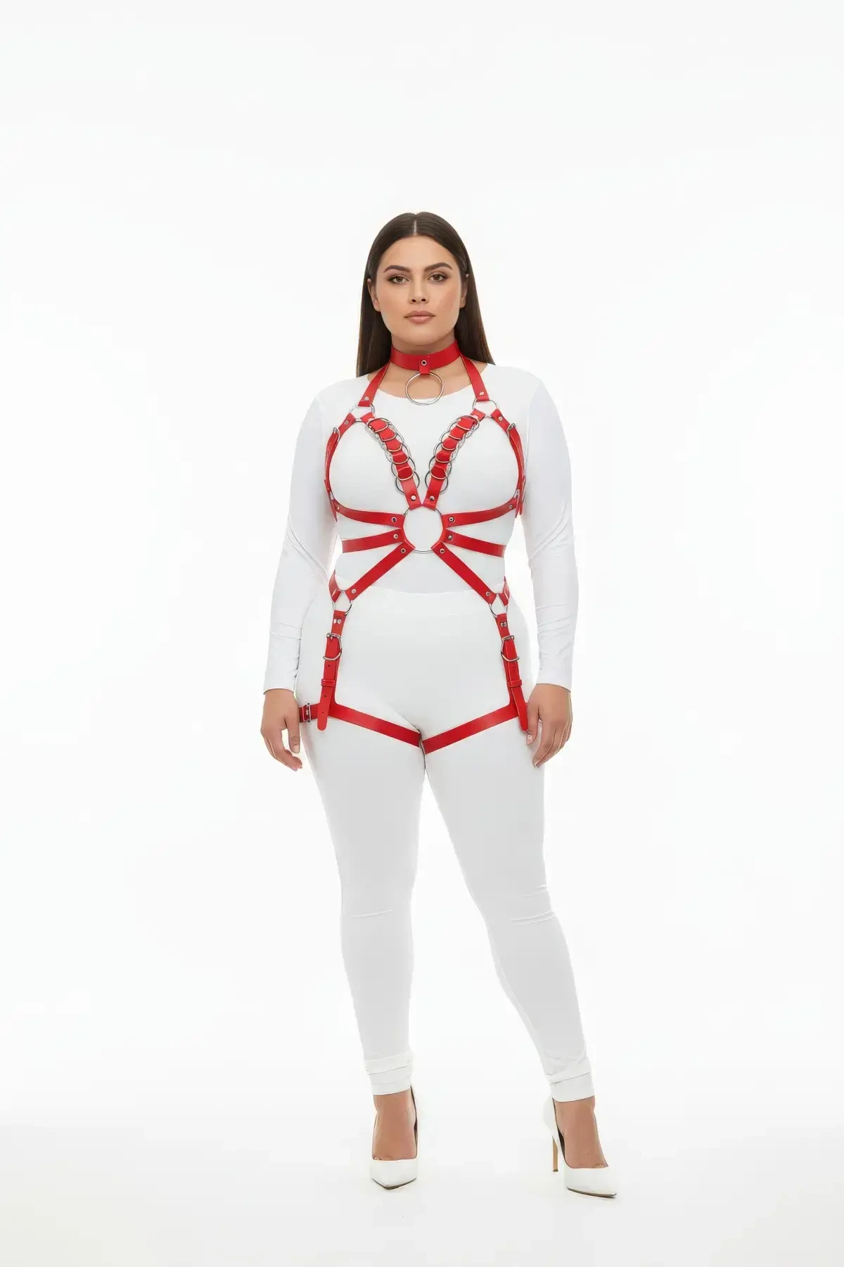 Plus Size Red Women's Leather Harness Set with Chain and Garter Detail - APFT781