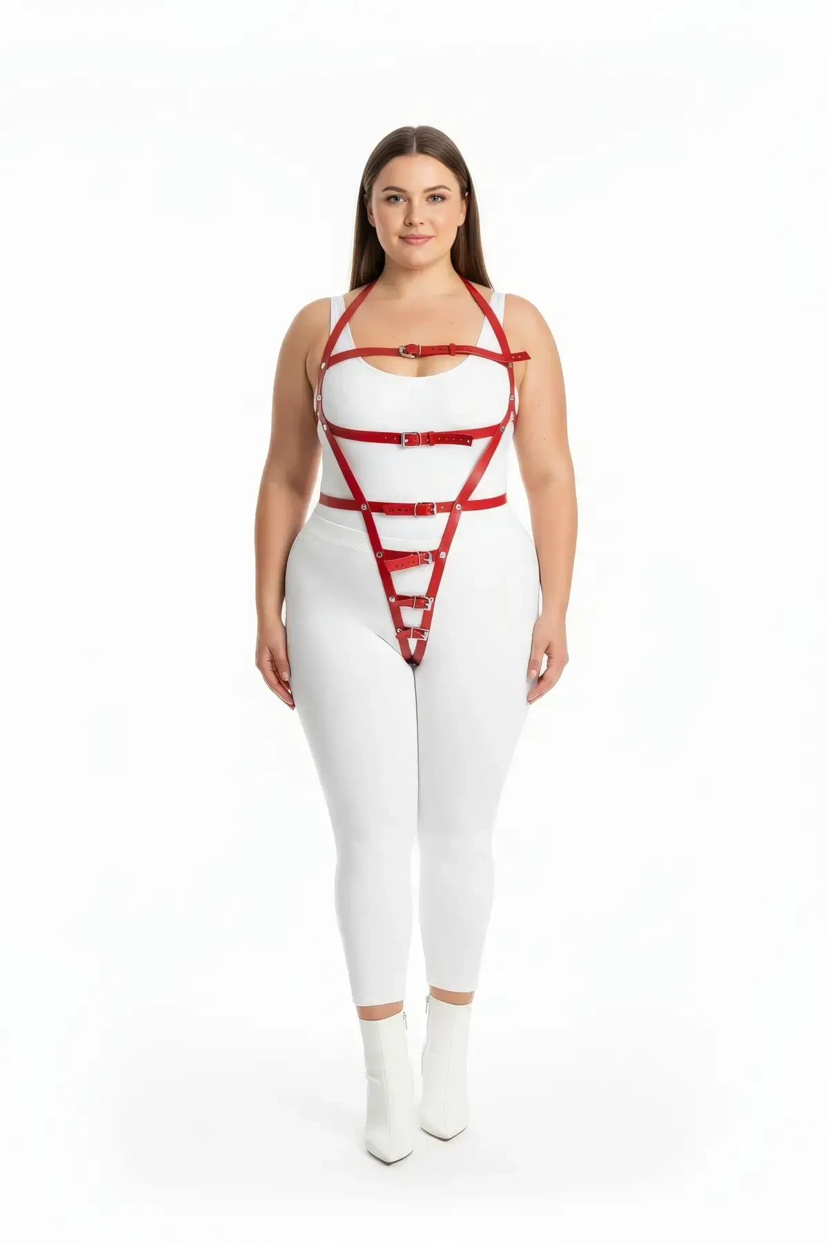 Plus Size Red Women's Harness Suit with Adjustable Belt Leather Fancy Accessory - APFT790