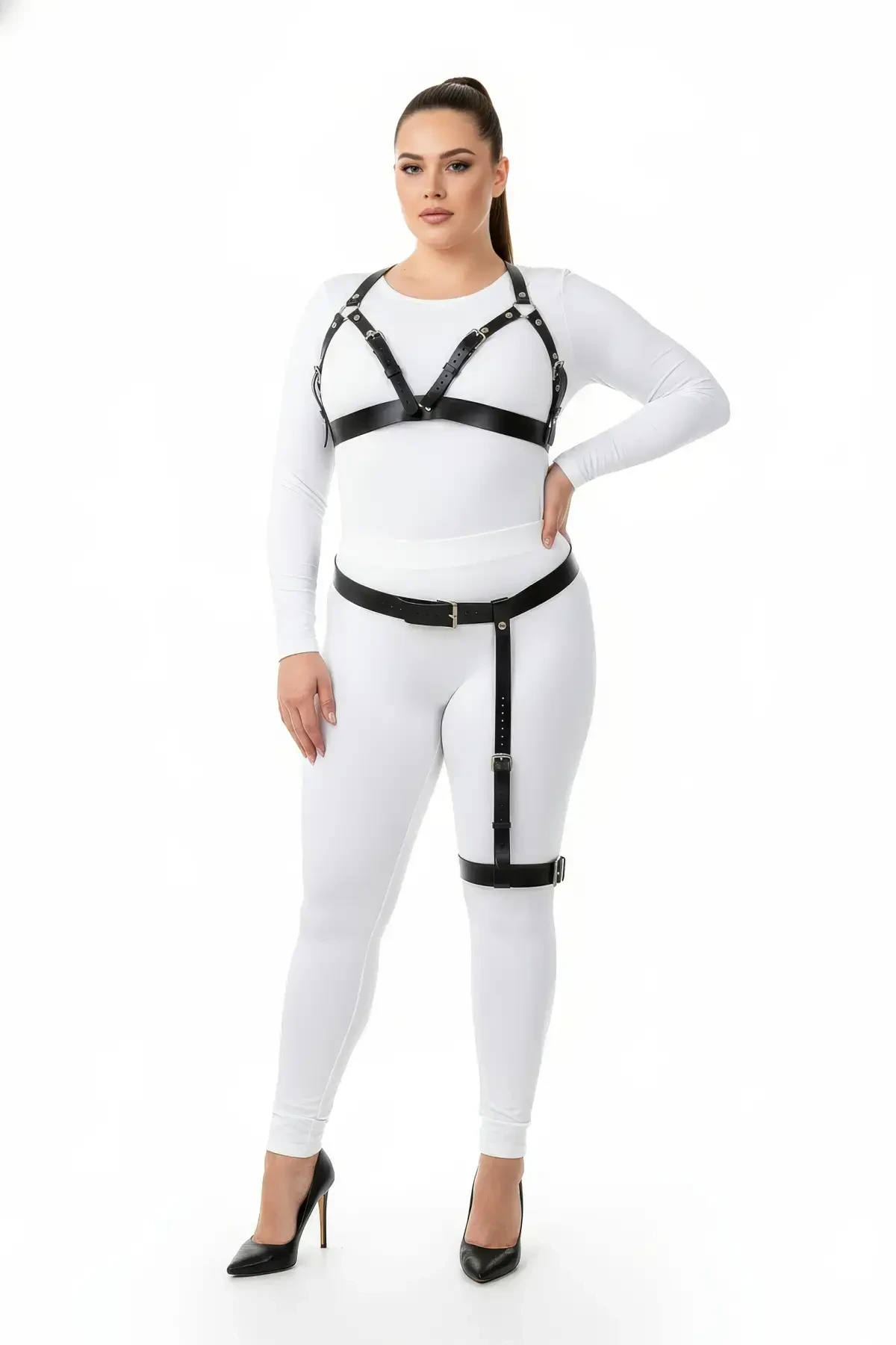 Plus Size Black Women's Harness Set with Garter Belt Stylish Leather Accessory - APFT863