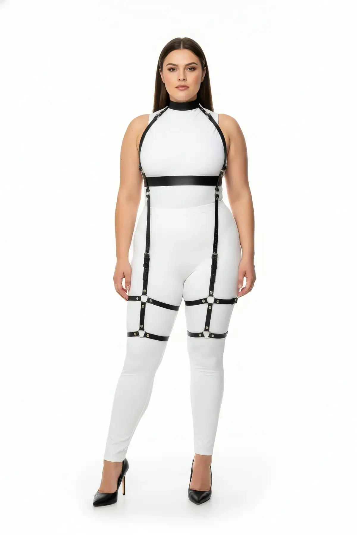 Plus Size Black Women's Leather Full Body Harness Set Stylish Body Accessory - APFT864