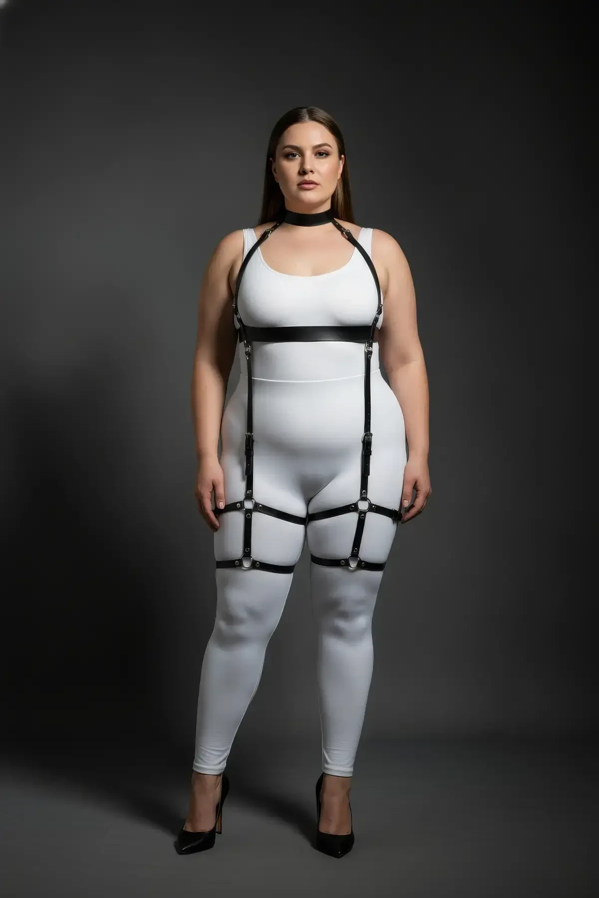 Büyük Beden Siyah Kadın Deri Full Body Harness Takım Şık Vücut Aksesuarı - APFT864