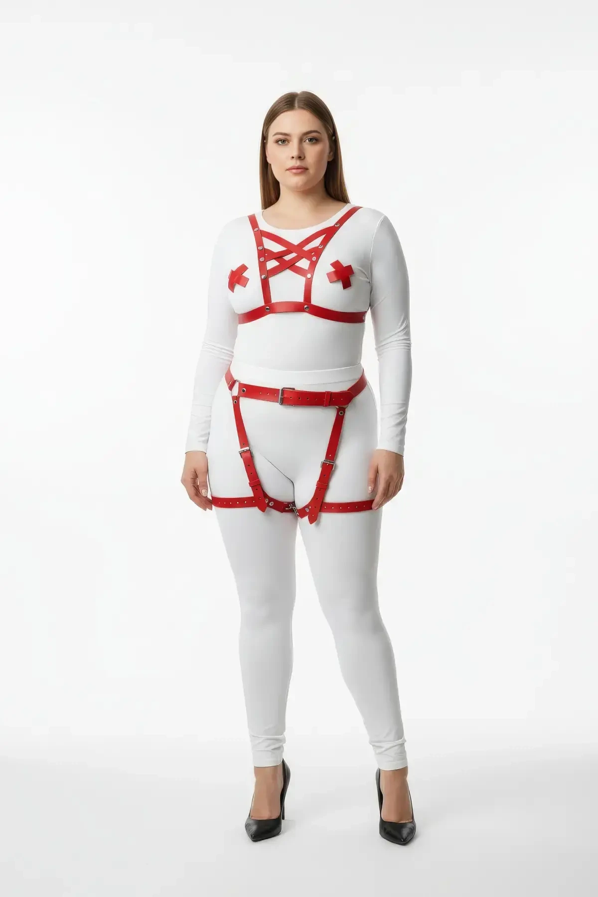 Plus Size Red Women's Harness Set with Sexy Leather Garter - APFT866