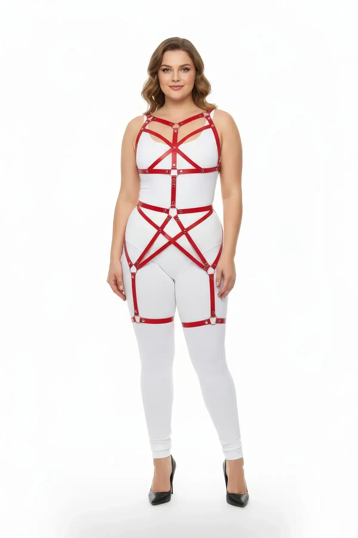 Plus Size Red Women's Harness Suit Full Body Leather Fancy Accessory - APFT894
