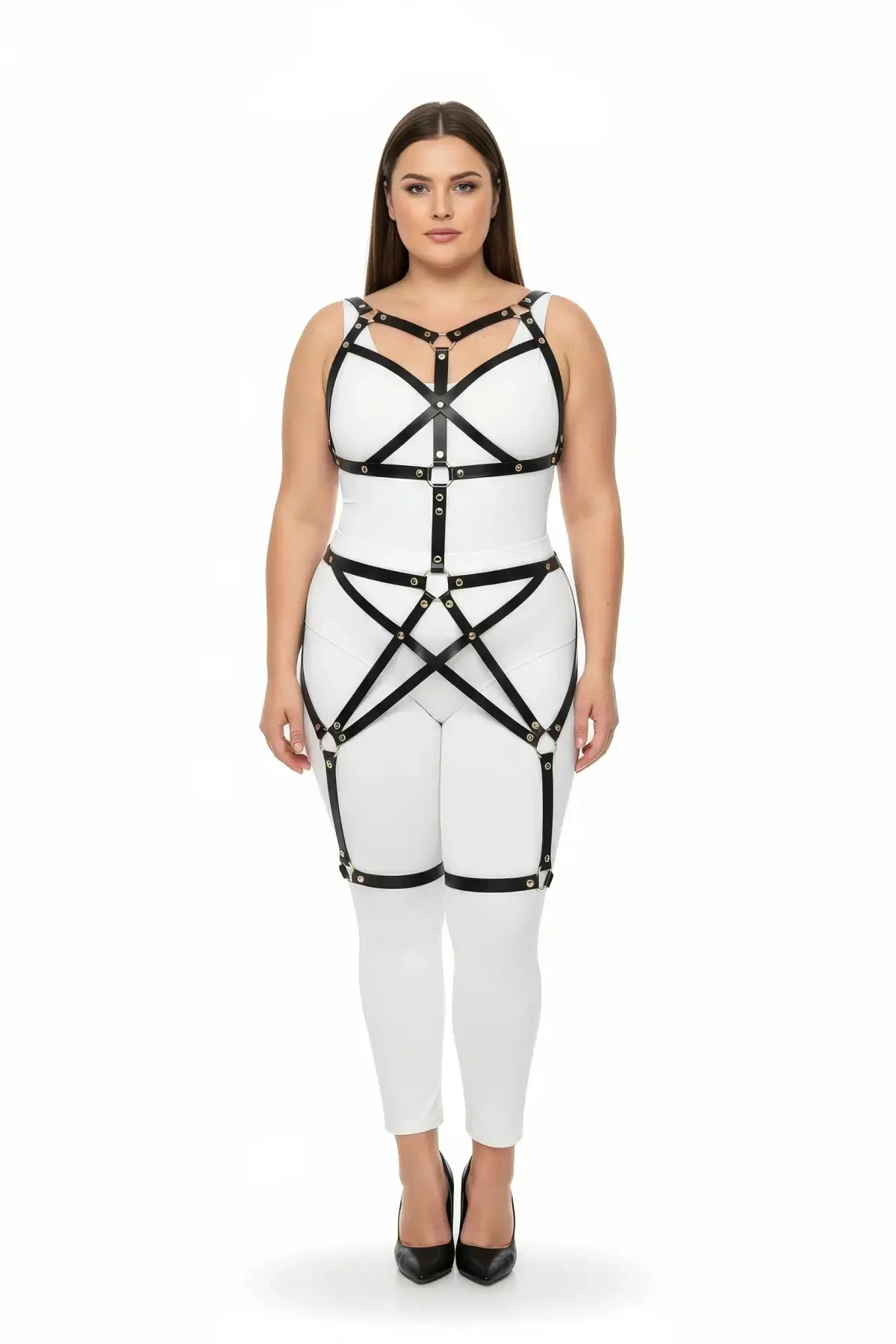 Plus Size Black Women's Full Body Leather Harness Suit Metal Detailed Body Accessory - APFT894