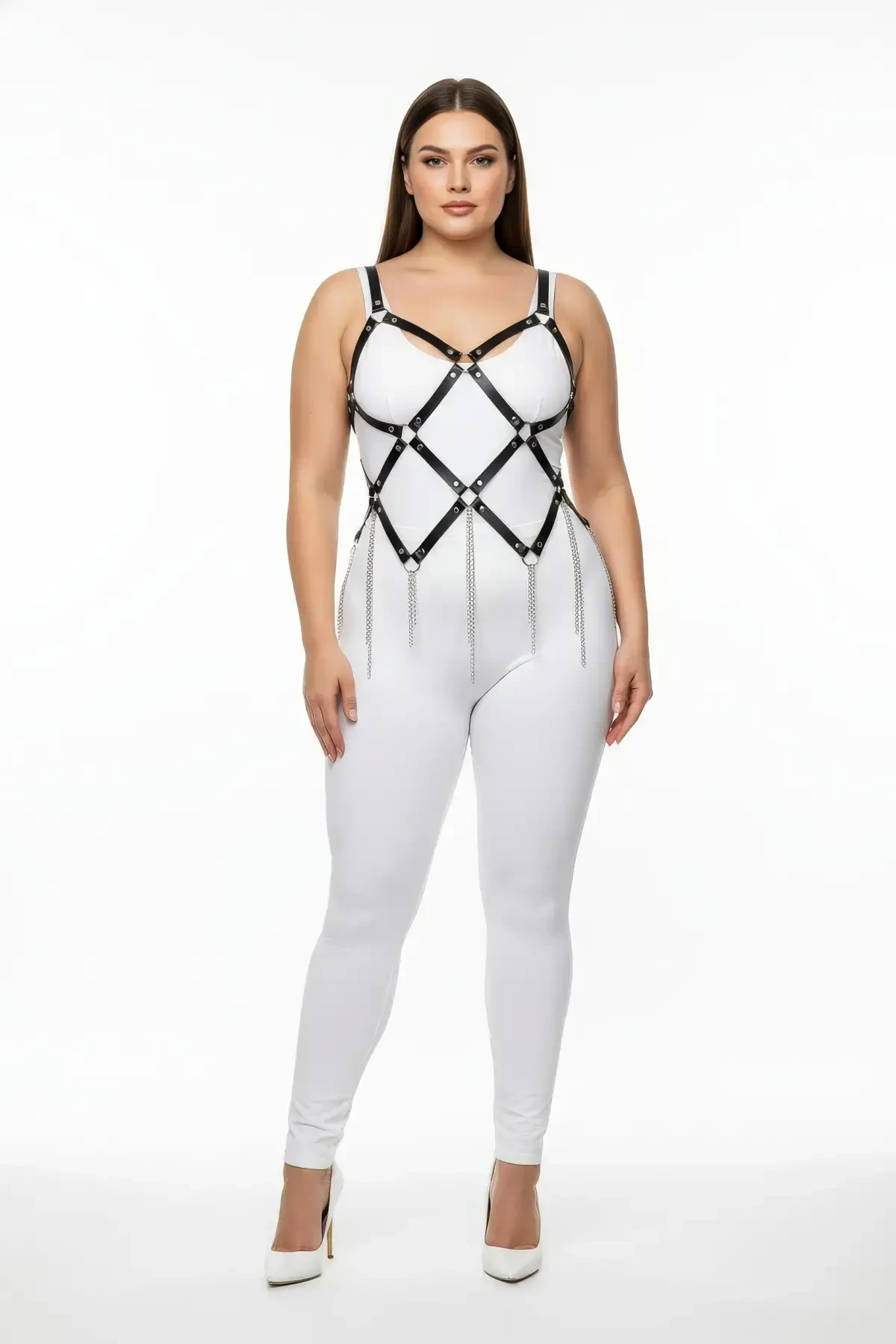 Plus Size Black Women's Harness Suit with Chain Detail, Striking Design - APFT950