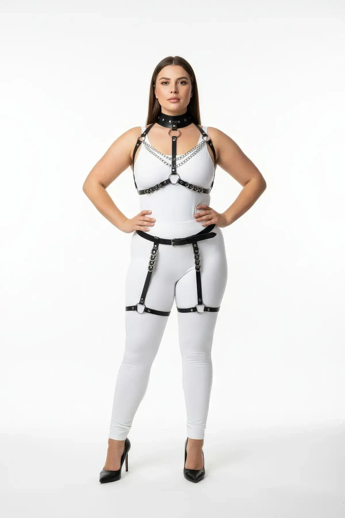 Plus Size Black Women's Leather Harness Suit with Chain and Ring Detail and Garter - APFT1081
