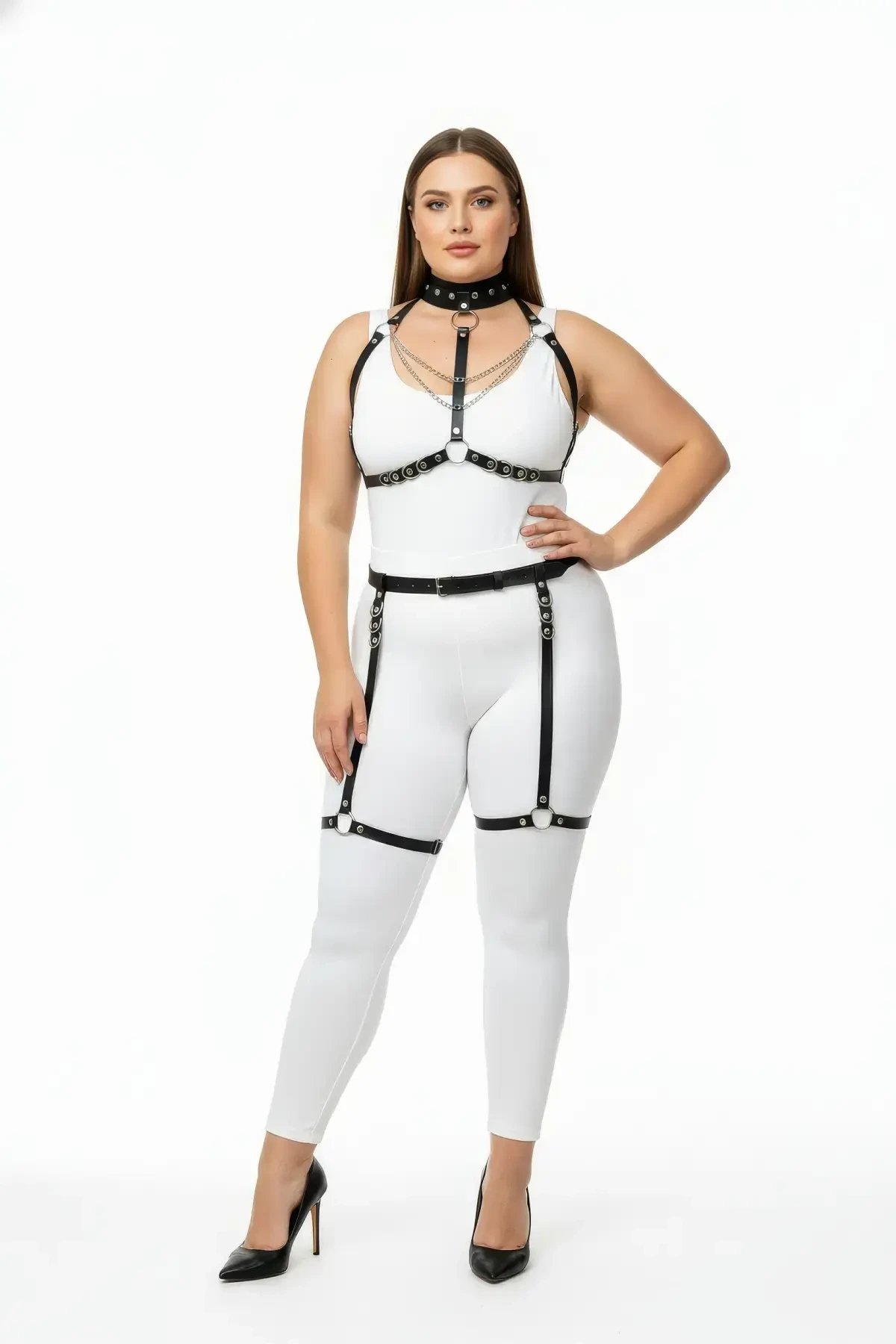 Plus Size Black Women's Leather Harness Suit Chain Detailed Fancy Accessory - APFT1081