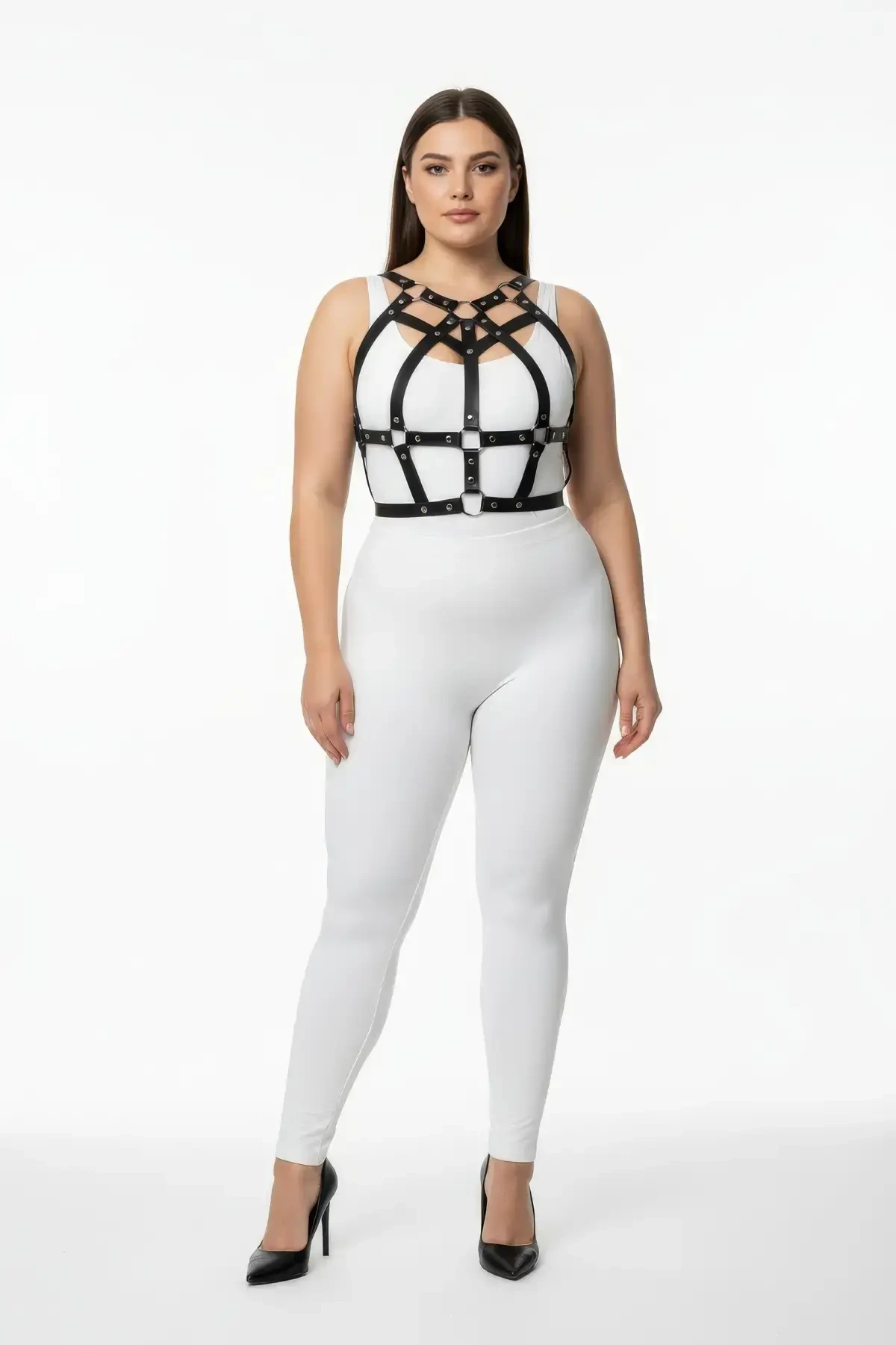 Plus Size Black Women's Harness Set Stylish Body Accessory with Staple Detail - APFT1085