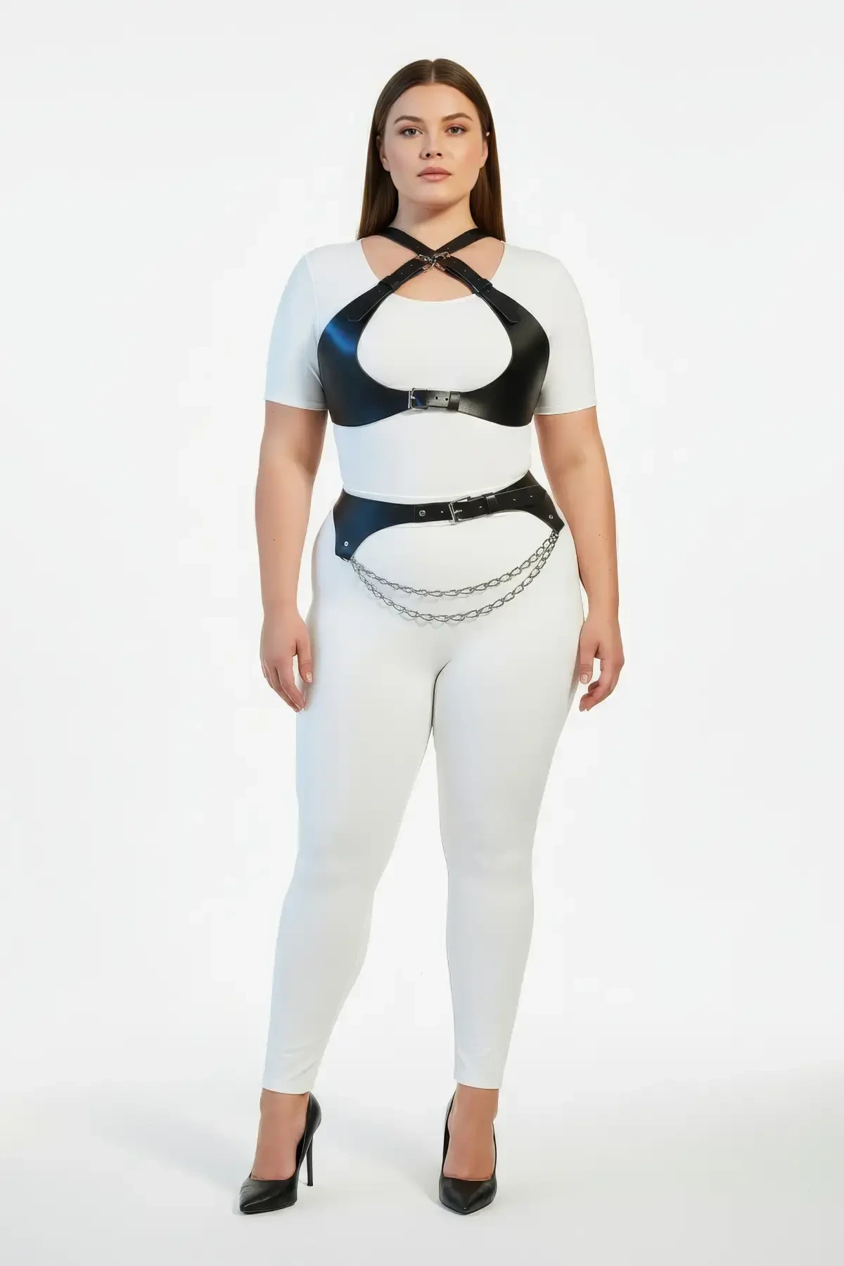 Plus Size Black Women's Harness Suit Chain Detailed Leather Look Accessory - APFT1164