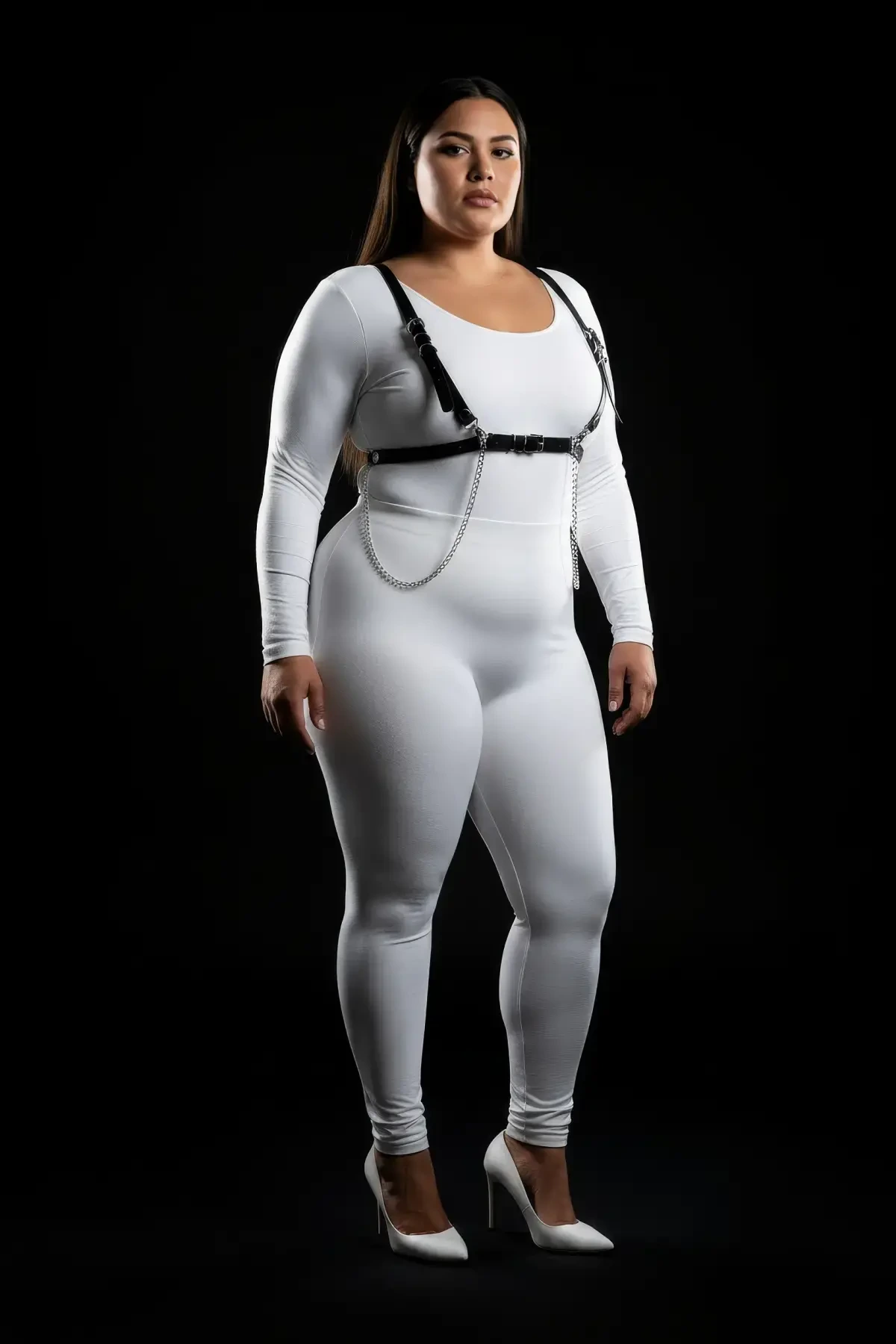 Plus Size Black Women's Leather Harness Suit Chain Detailed Stylish Accessory - APFT1176