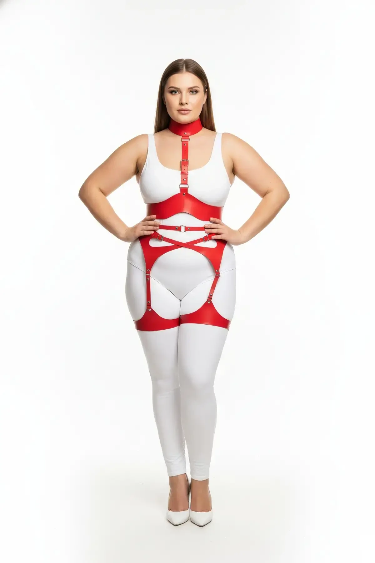 Plus Size Red Women's Leather Garter Fancy Harness Set - APFT1196