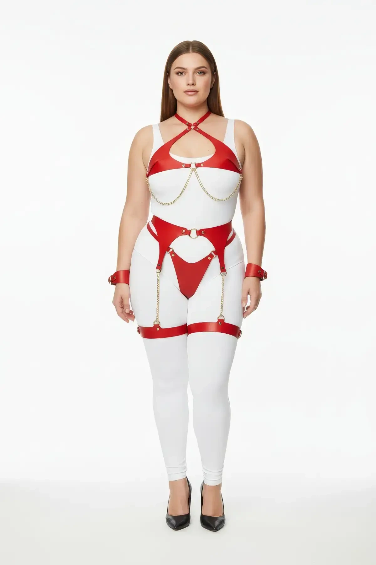 Plus Size Red Women's Leather Harness Suit with Chain Detail and Garter - APFT1219