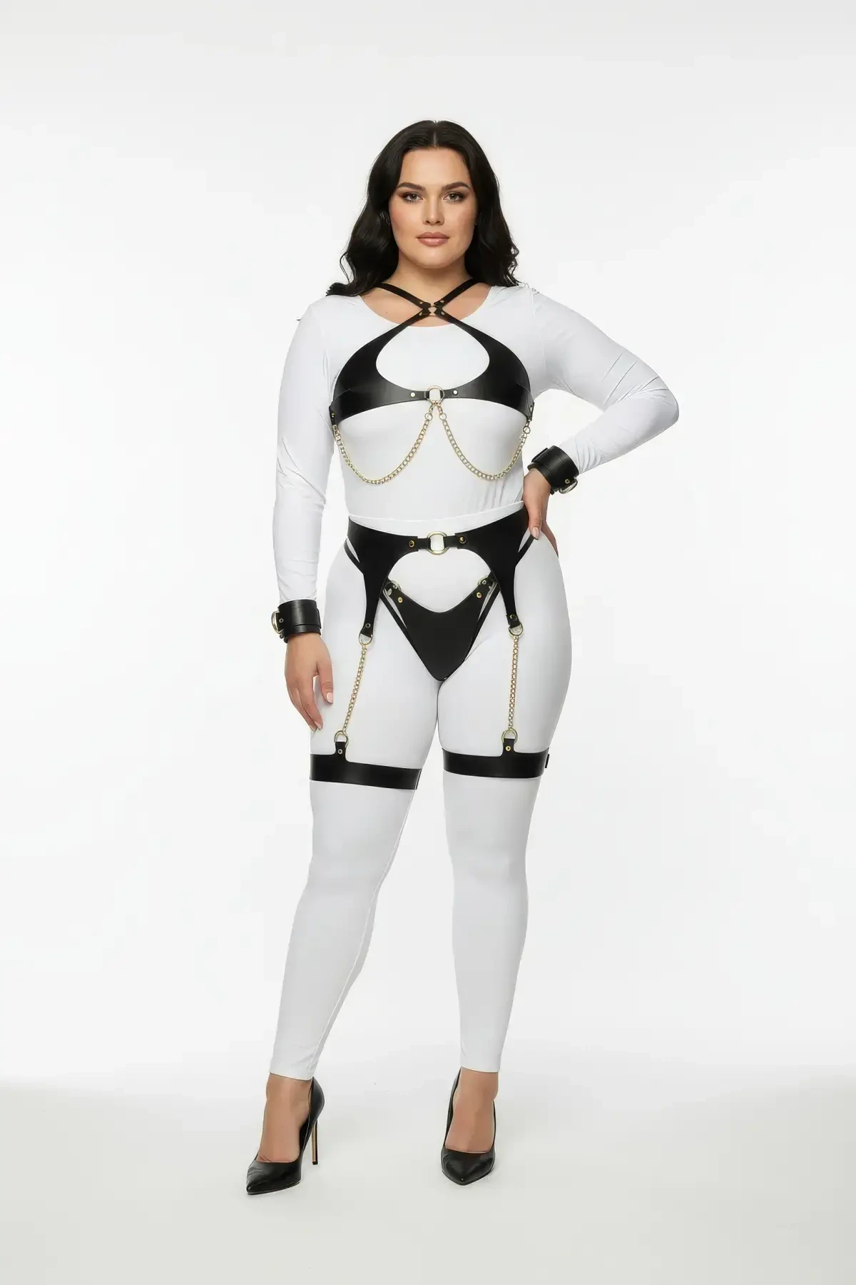 Plus Size Black Women's Harness Suit with Chain Detail and Garter - APFT1219