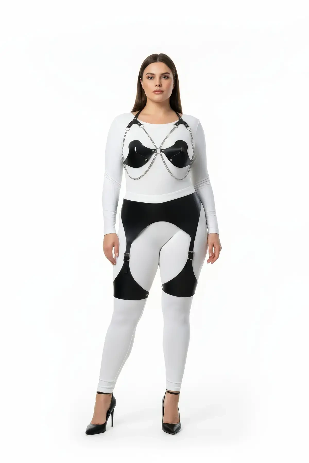 Plus Size Black Women's Harness Set with Chain and Garter Detail - APFT1220