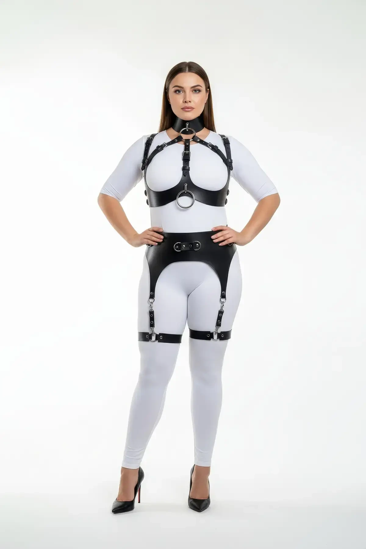 Plus Size Black Women's Full Body Leather Harness Suit with Garter Detail Special Design - APFT1231