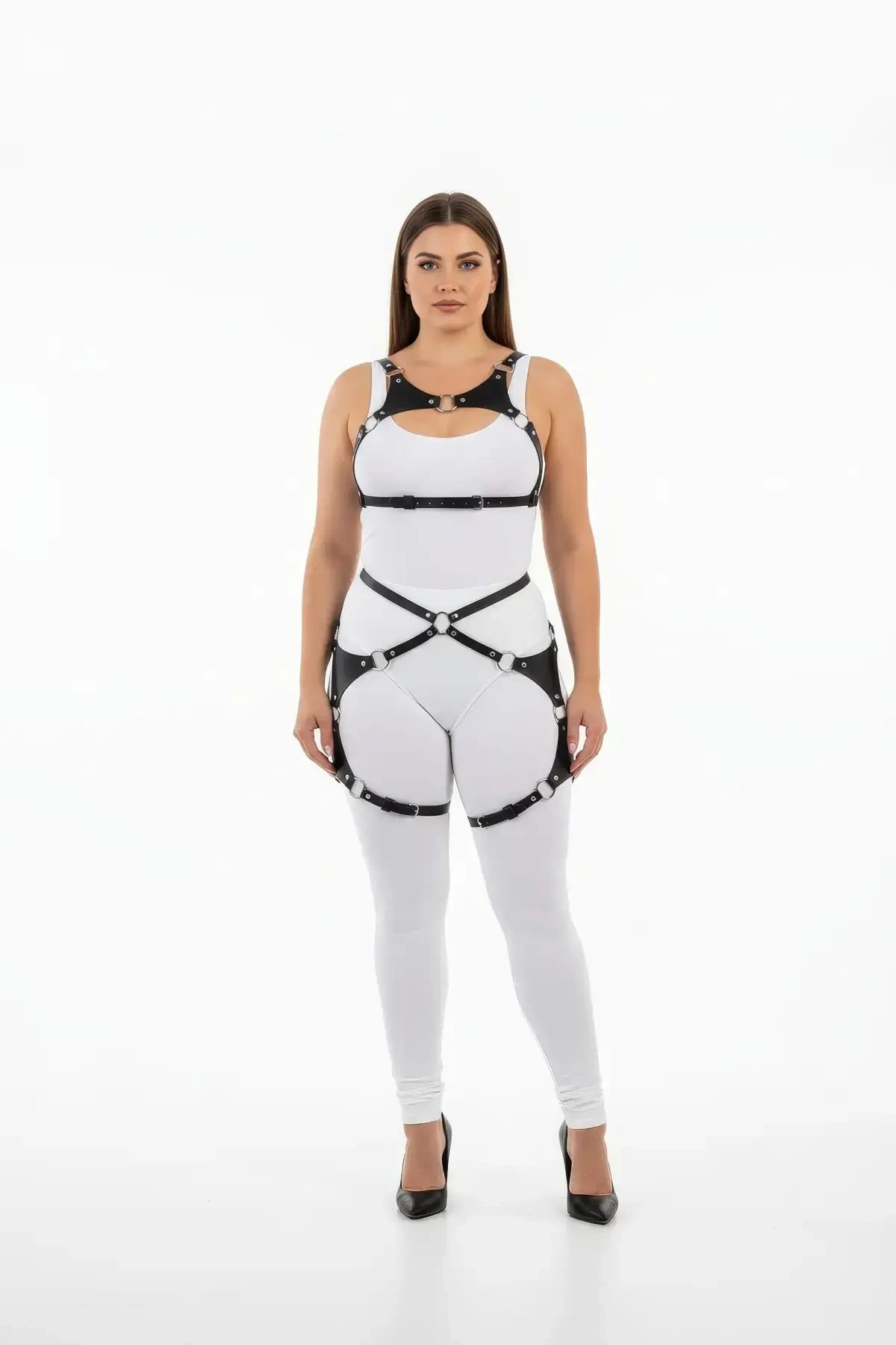 Plus Size Black Women's Harness Suit Ring Detailed Leather Fancy Clothing - APFT1253