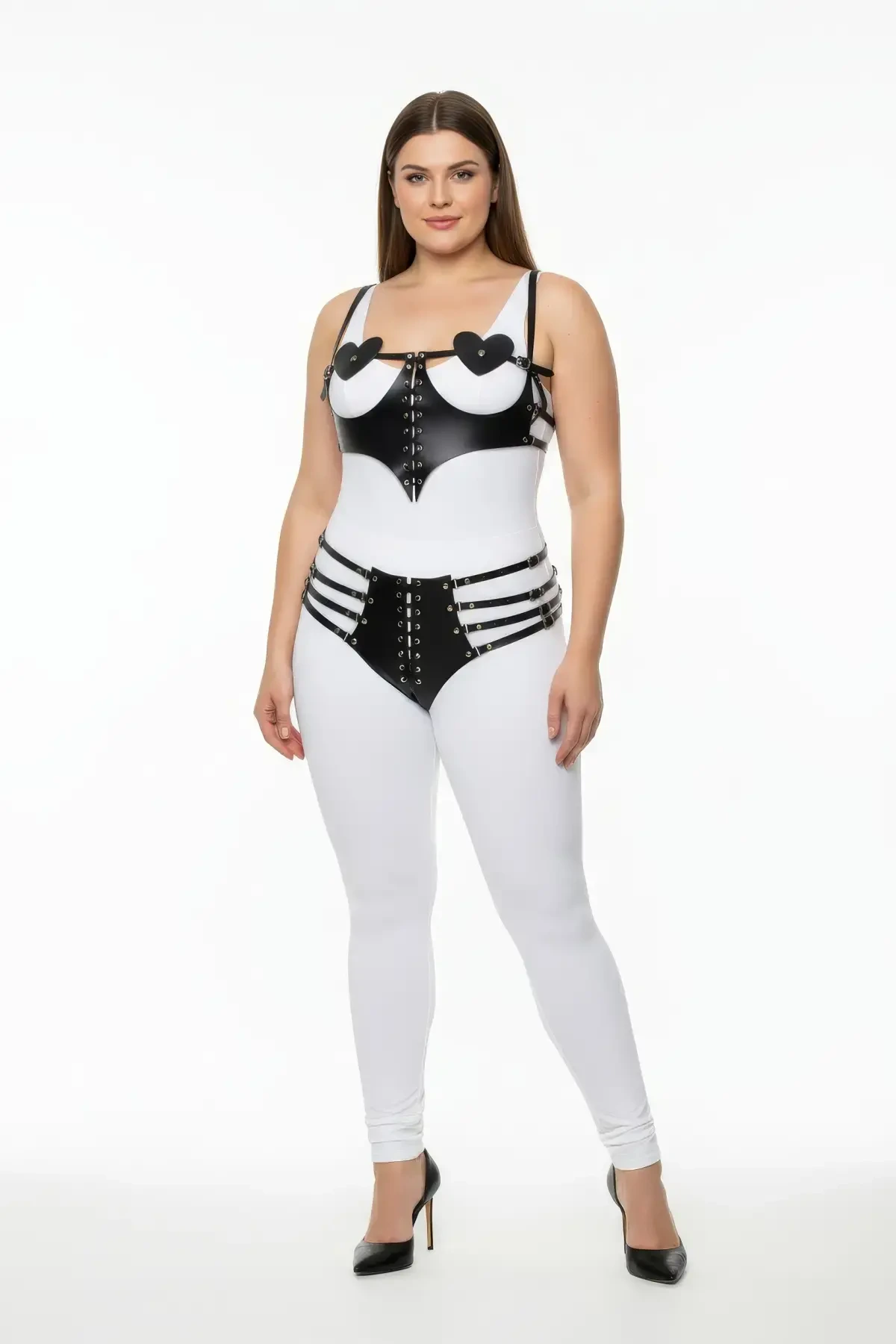 Large Size Black Women's Harness Set with Heart Detail and Lace Up Fancy Leather Set - APFT1256