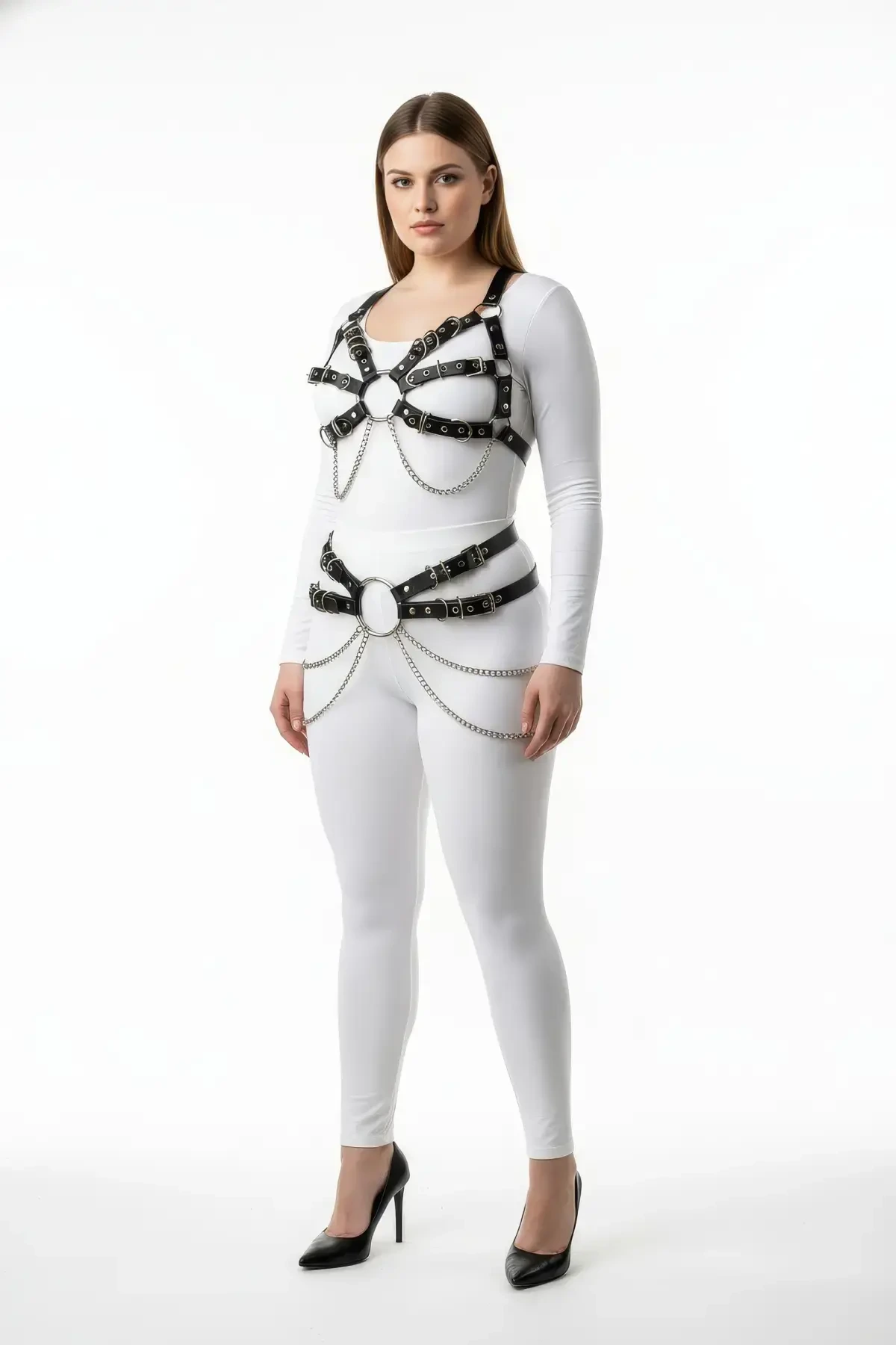 Plus Size Black Women's Harness Set Fancy Accessory with Chain and Ring Detail - APFT1260