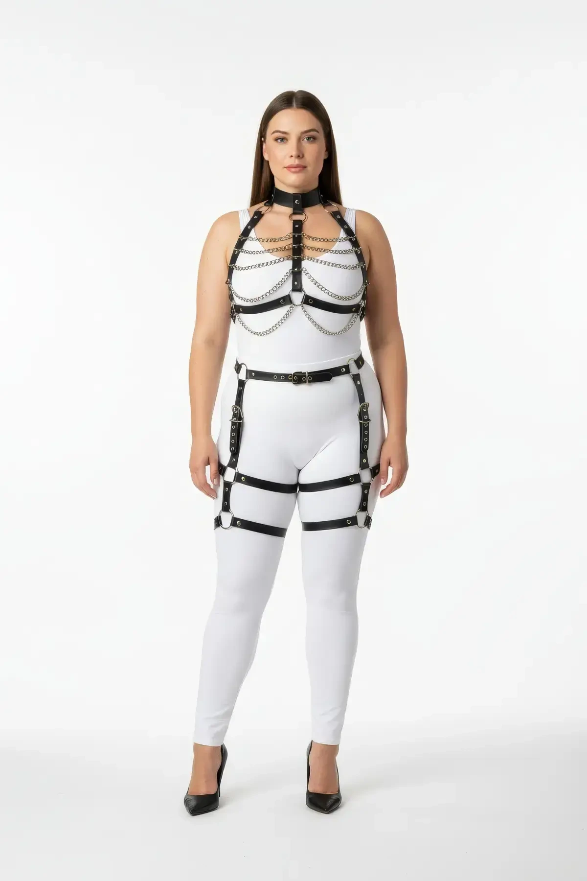 Plus Size Black Women's Harness Suit Chain Detailed Garter Leather Set - APFT1262