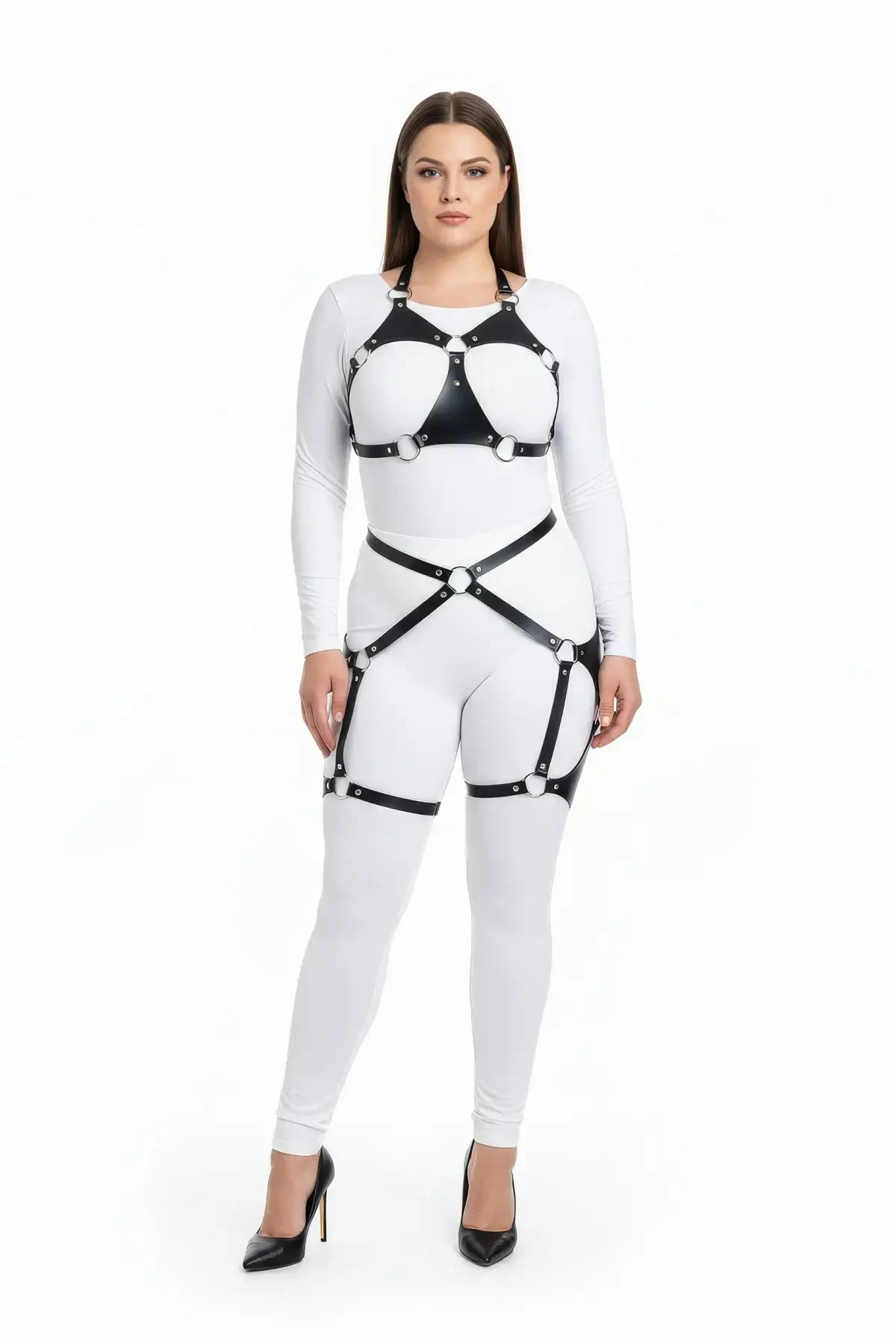 Plus Size Black Women's Leather Harness Set with Ring Detail and Garter - APFT1272