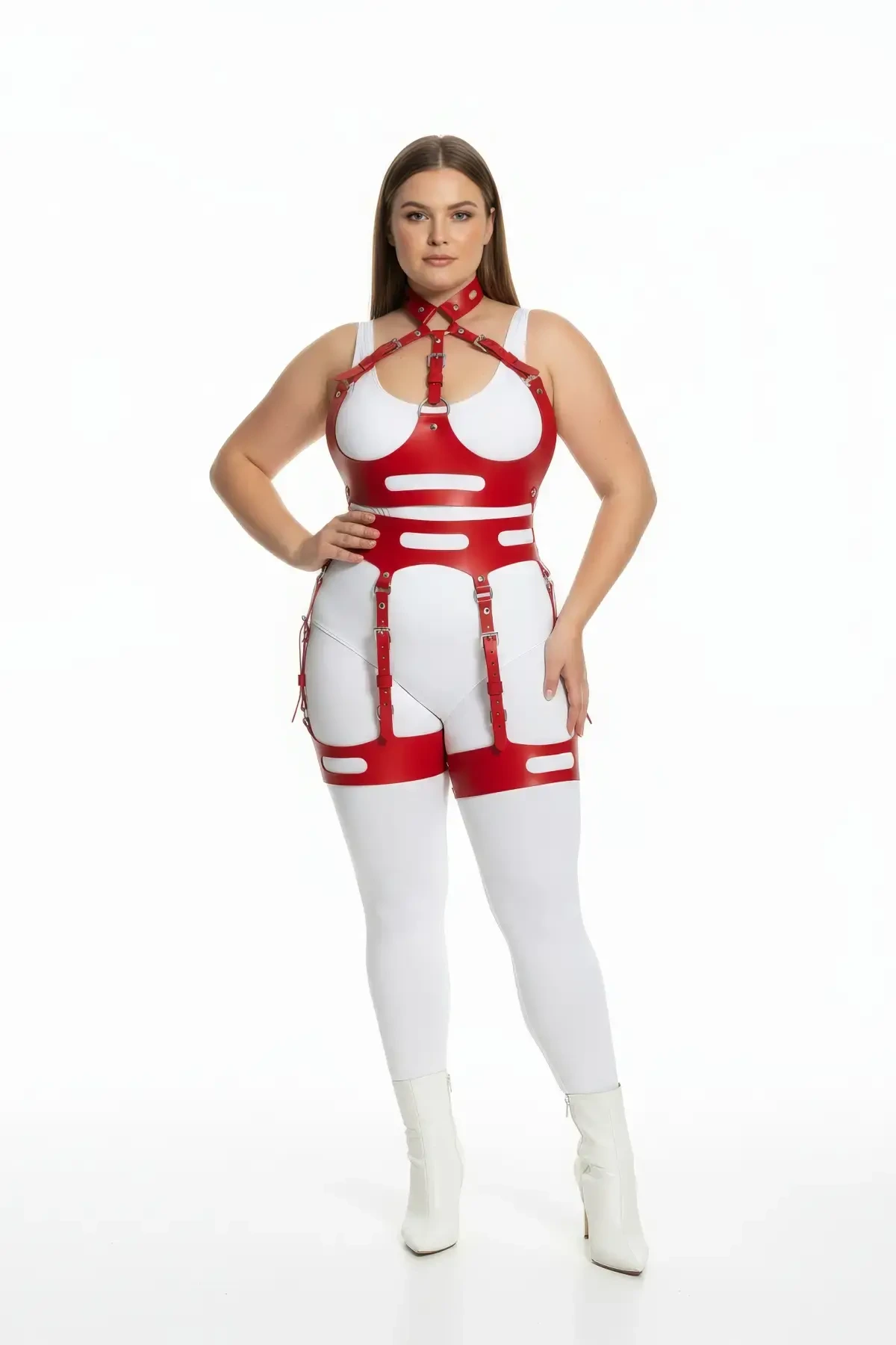 Plus Size Red Women's Harness Set with Sexy Fancy Leather Garter Detail - APFT1302
