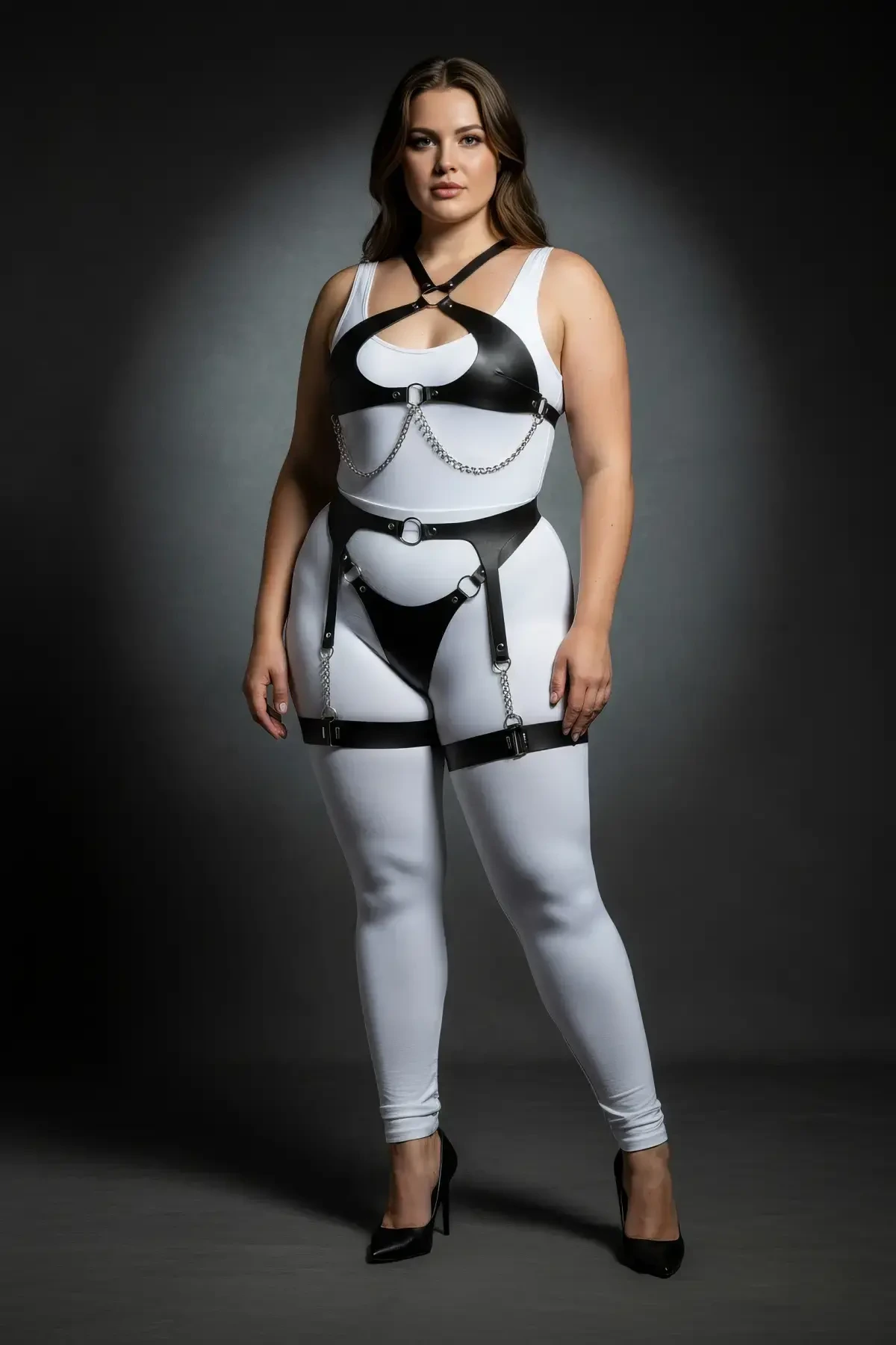 Plus Size Black Women's Harness Suit with Chain Detail Garter Body Accessory - APFT1330