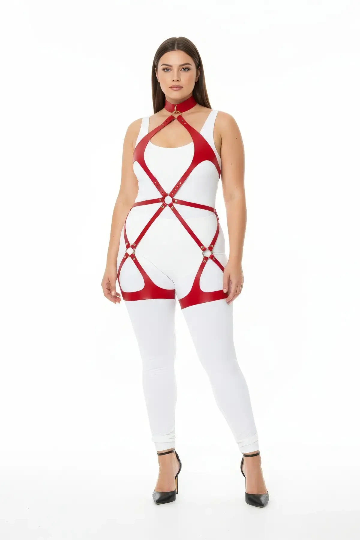 Plus Size Red Women's Leather Harness Set Fancy Body Accessory with Ring Detail - APFT1331