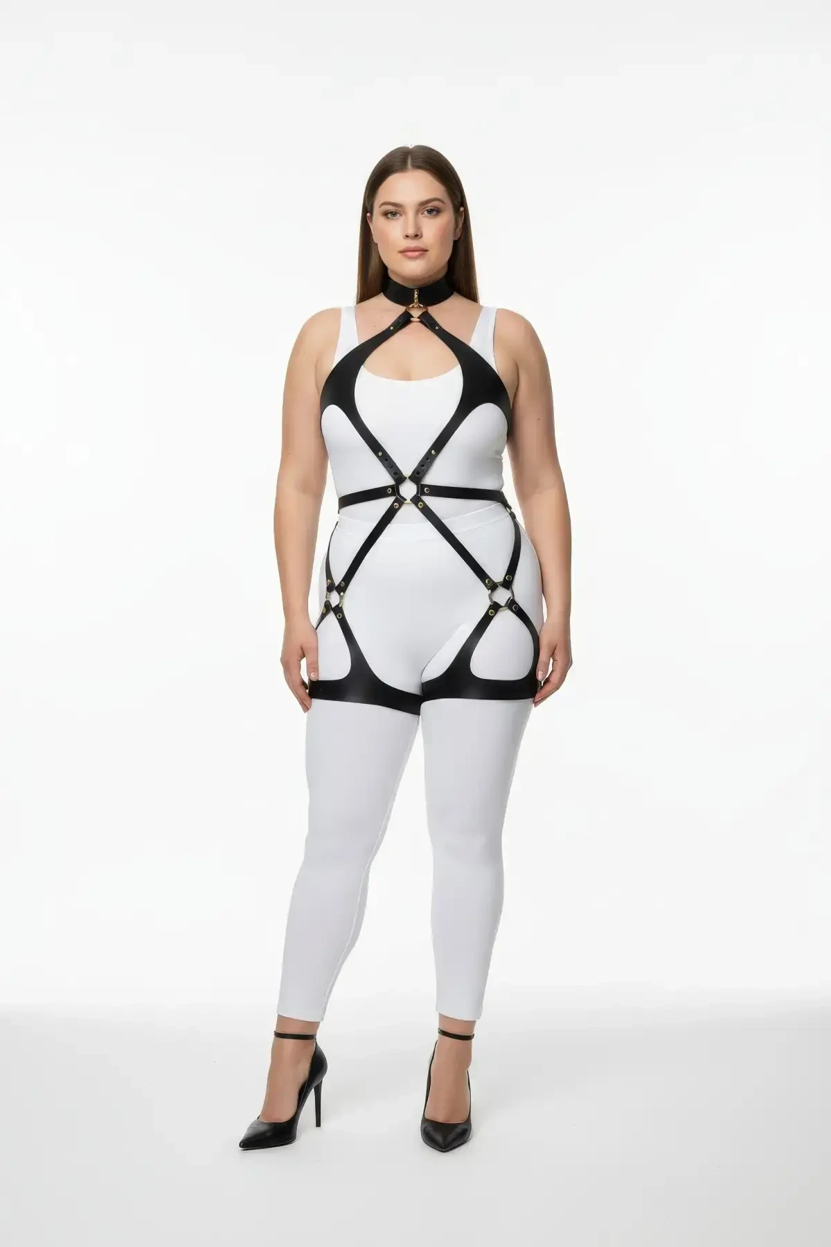 Plus Size Black Women's Leather Full Body Harness Suit Casual and Fancy Combination Accessory - APFT1331