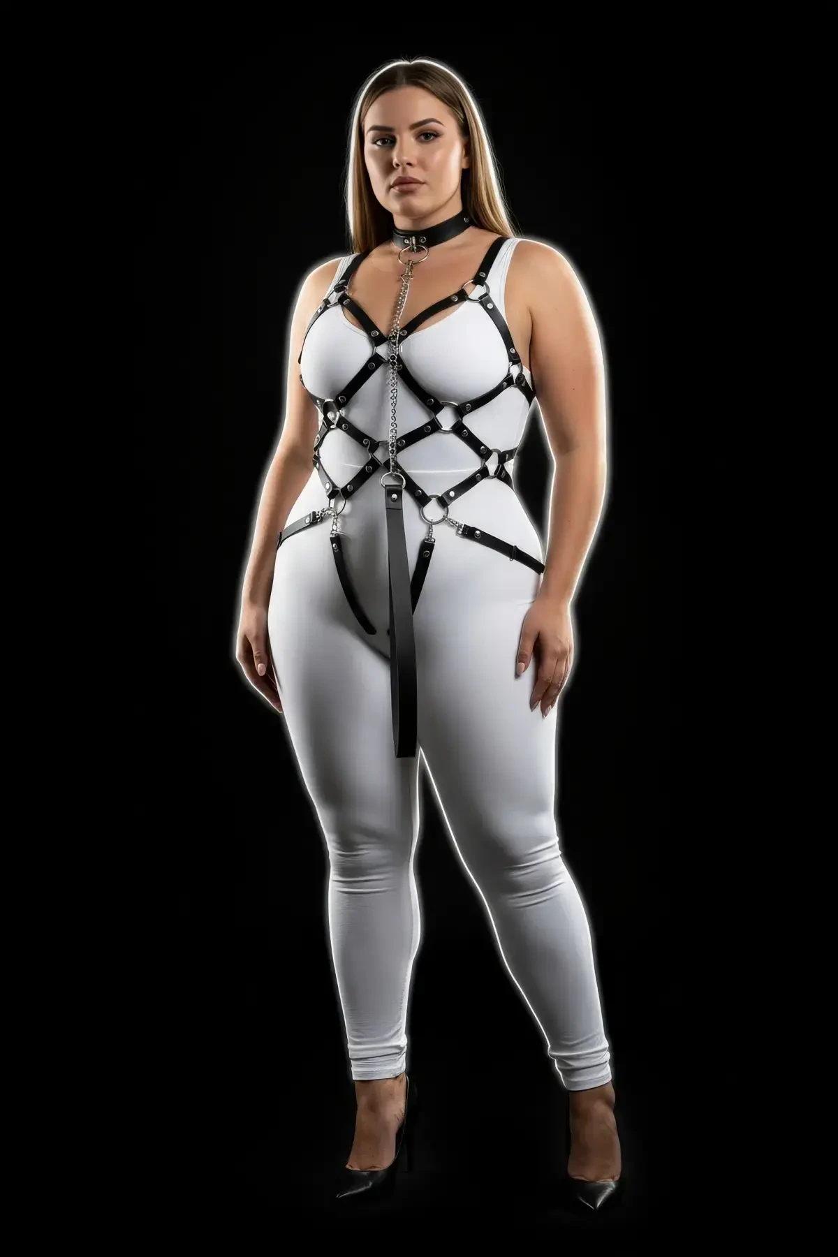 Plus Size Black Women's Full Body Leather Harness Suit with Chain Detail - APFT1350