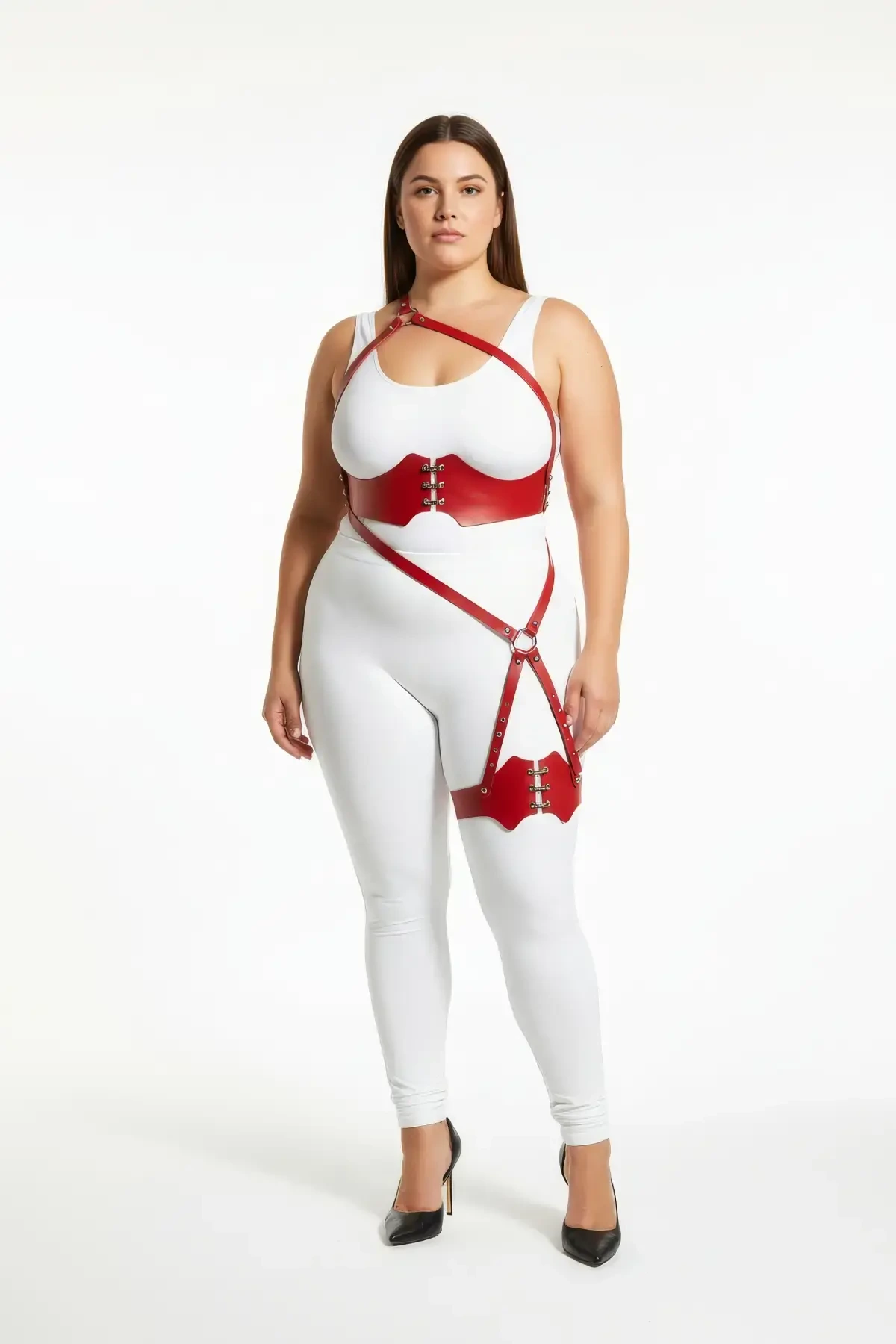 Plus Size Red Women's Leather Harness Set with Garter Detail Fancy Accessory - APFT1372