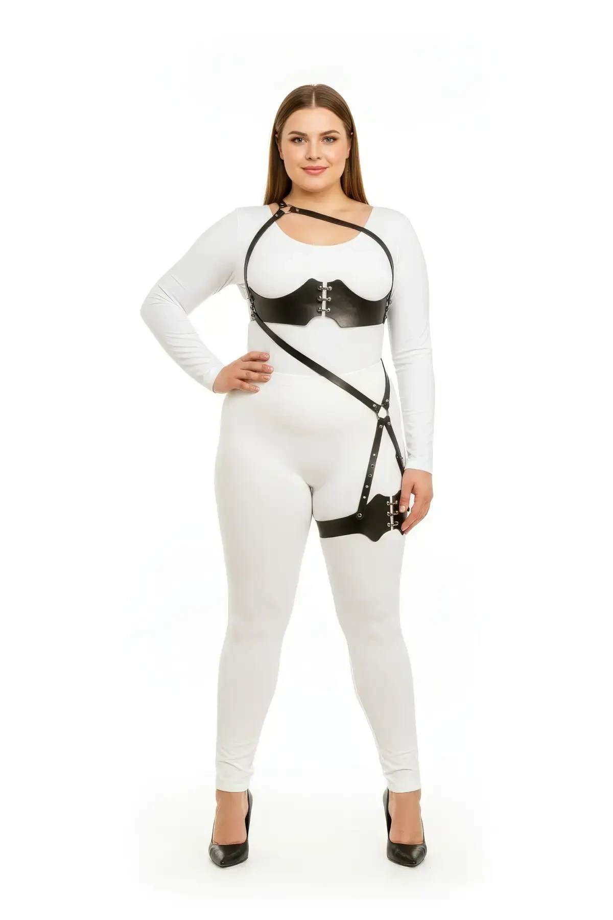 Plus Size Black Women's Harness Suit with Full Body Corset Detail - APFT1372