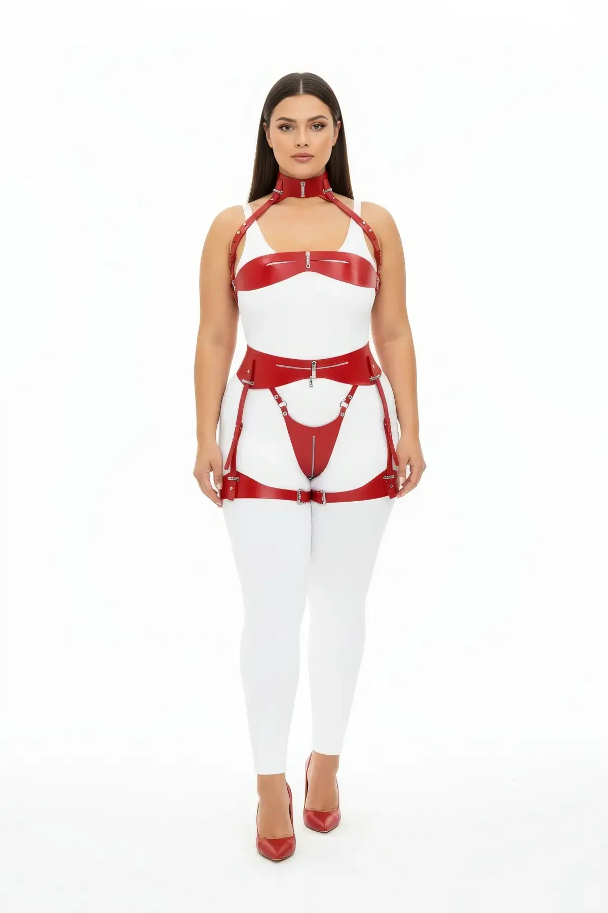 Plus Size Red Women's Leather Harness Set with Garter Fancy Accessory - APFT1373