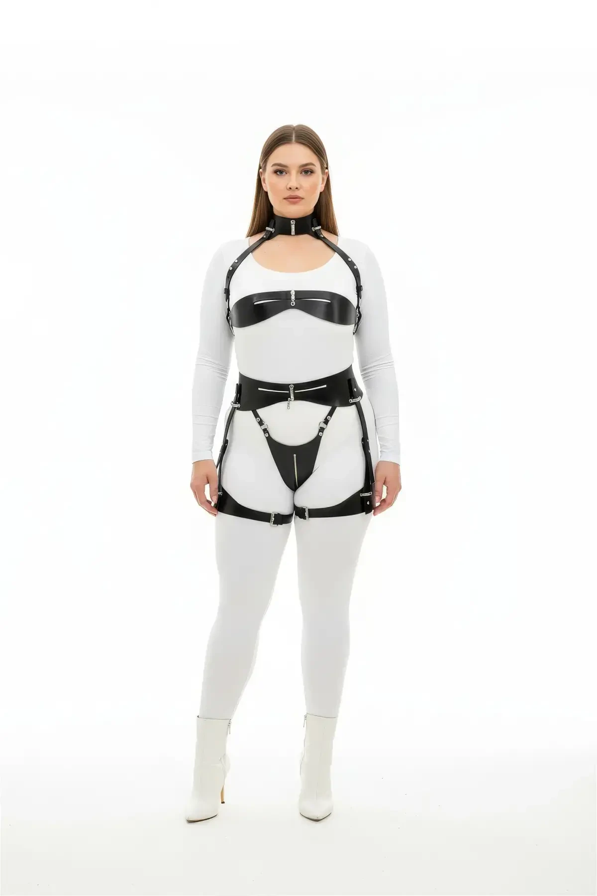 Plus Size Black Women's Leather Harness Suit with Garter Fancy Body Accessory - APFT1373