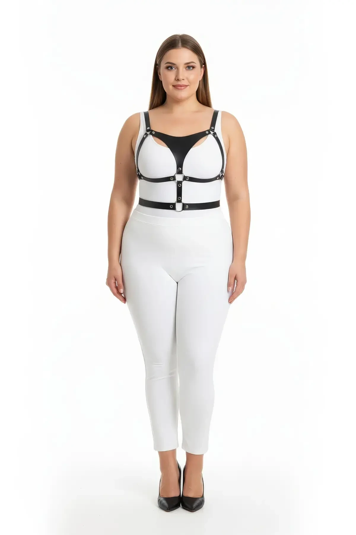 Plus Size Black Women's Harness Suit Adjustable Leather Combination Accessory - APFT1388