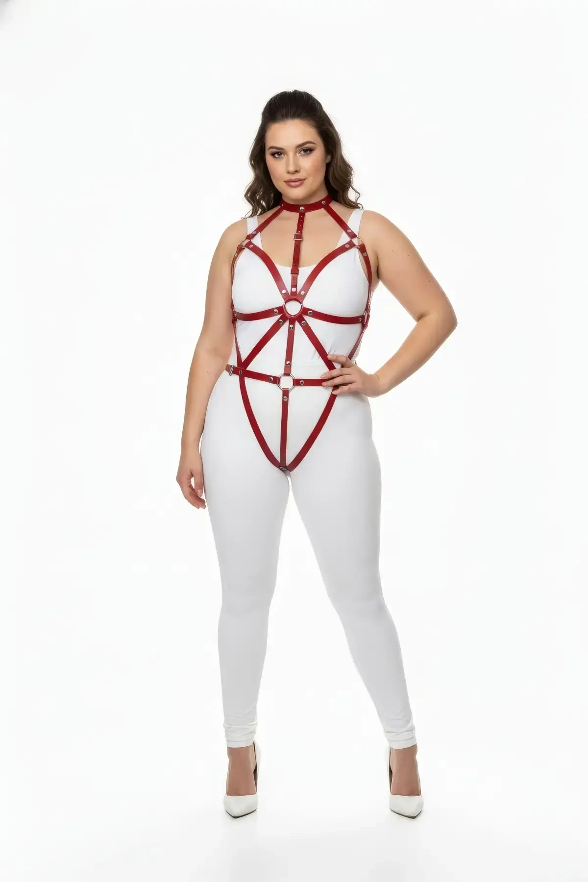 Plus Size Red Women's Leather Harness Set Fancy Body Accessory - APFT243