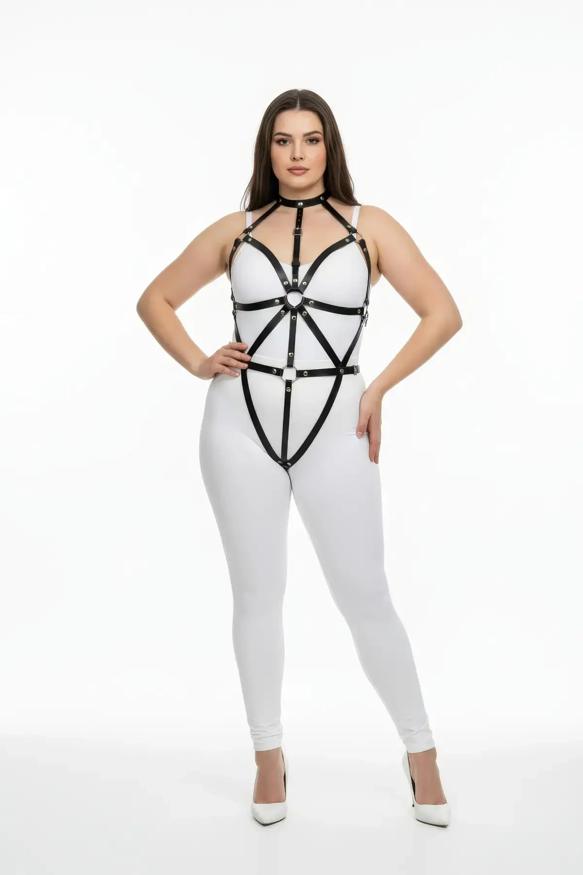 Plus Size Black Women's Harness Suit Body-hugging Ring Detailed Leather - APFT243