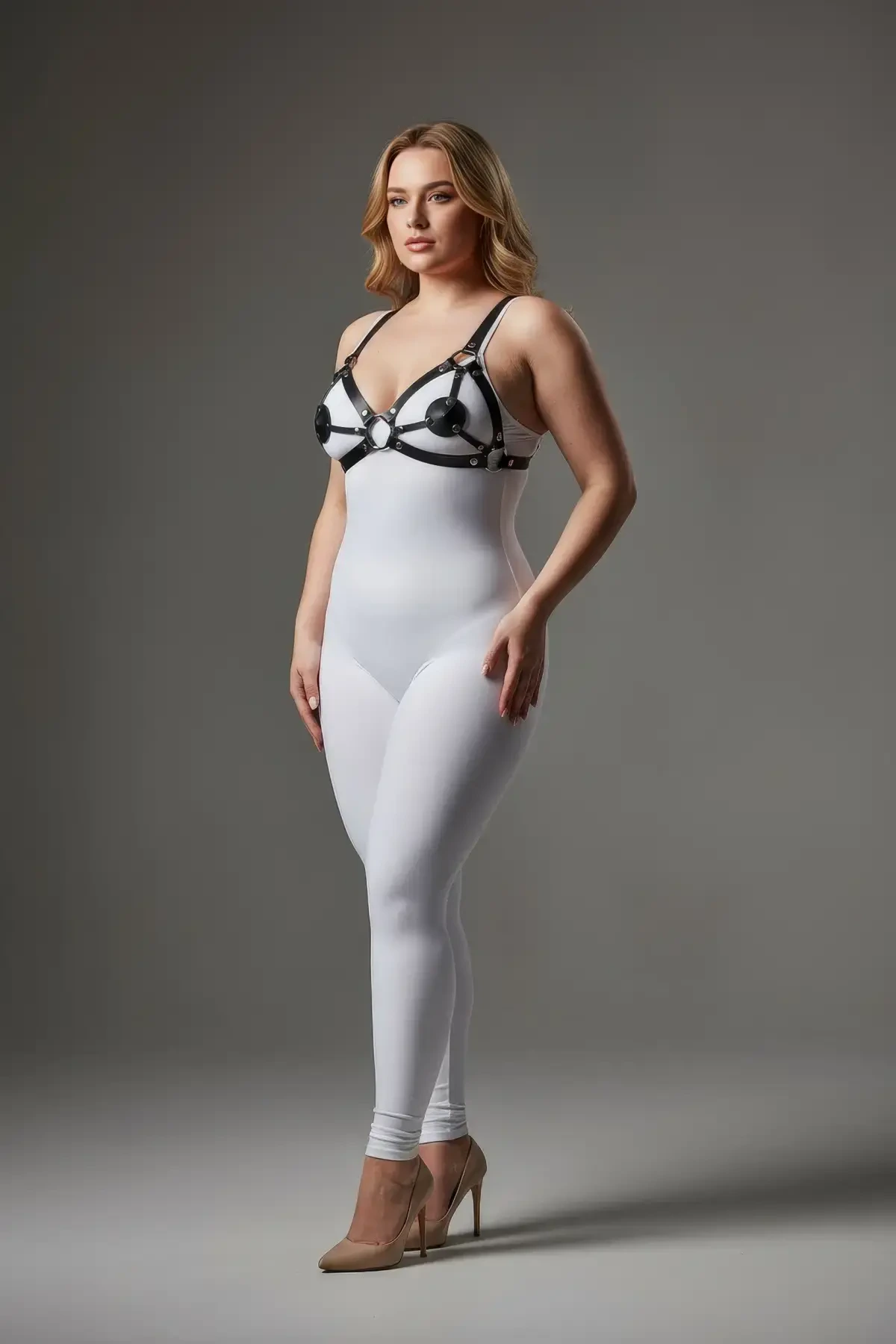 Large Size Black Women's Leather Bra Harness Set with Ring Detail Fancy Accessory - APFT112