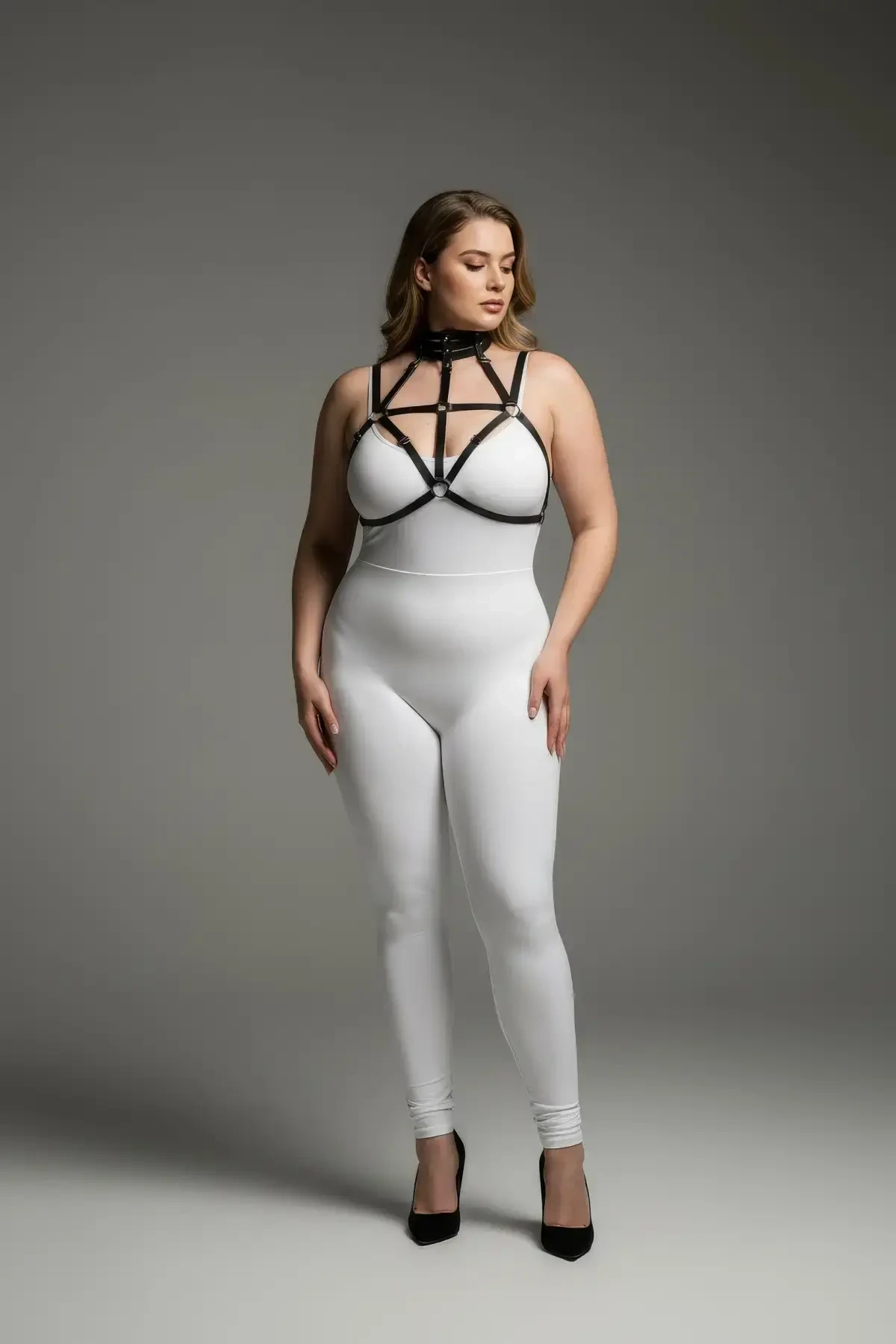 Plus Size Black Women's Harness Suit with Elastic Neck Detail Fancy Accessory - APFT118