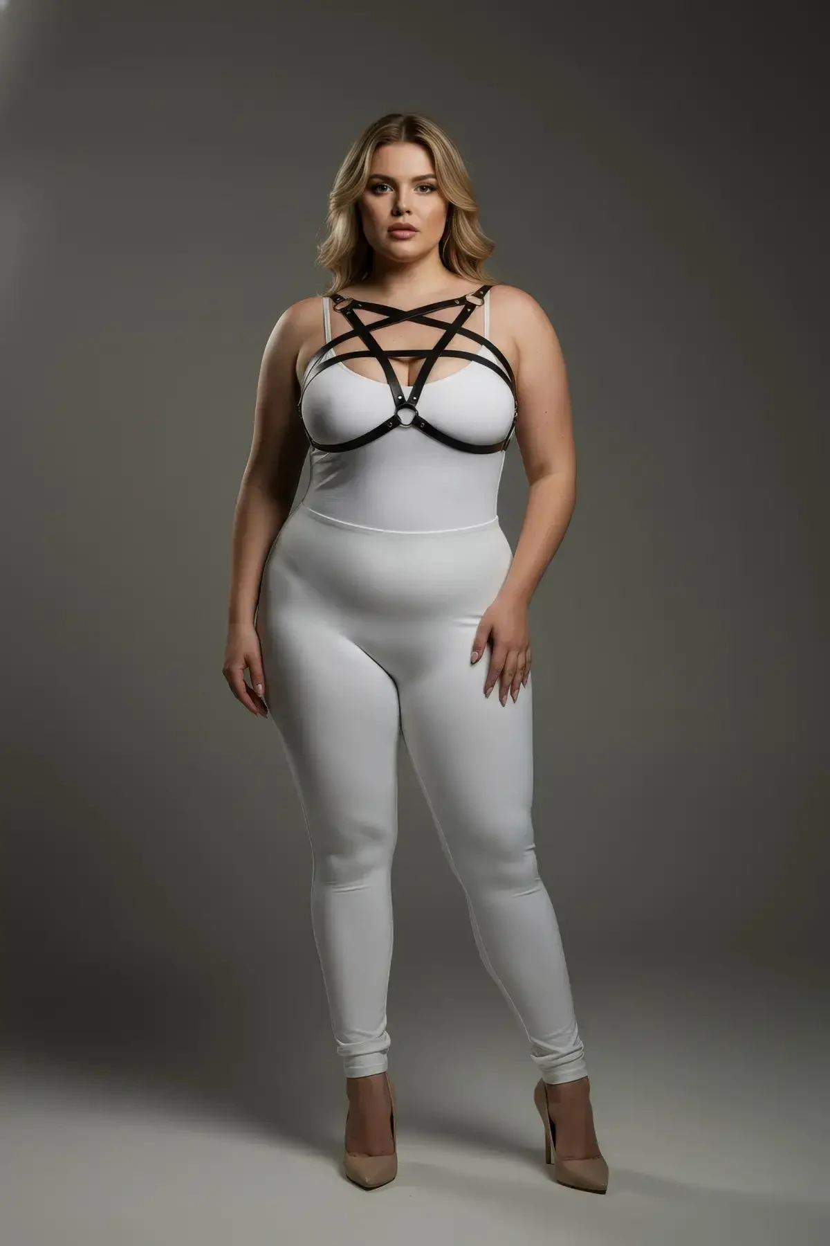 Plus Size Black Women's Leather Chest Harness Set, Stylish Body Accessory - APFT167