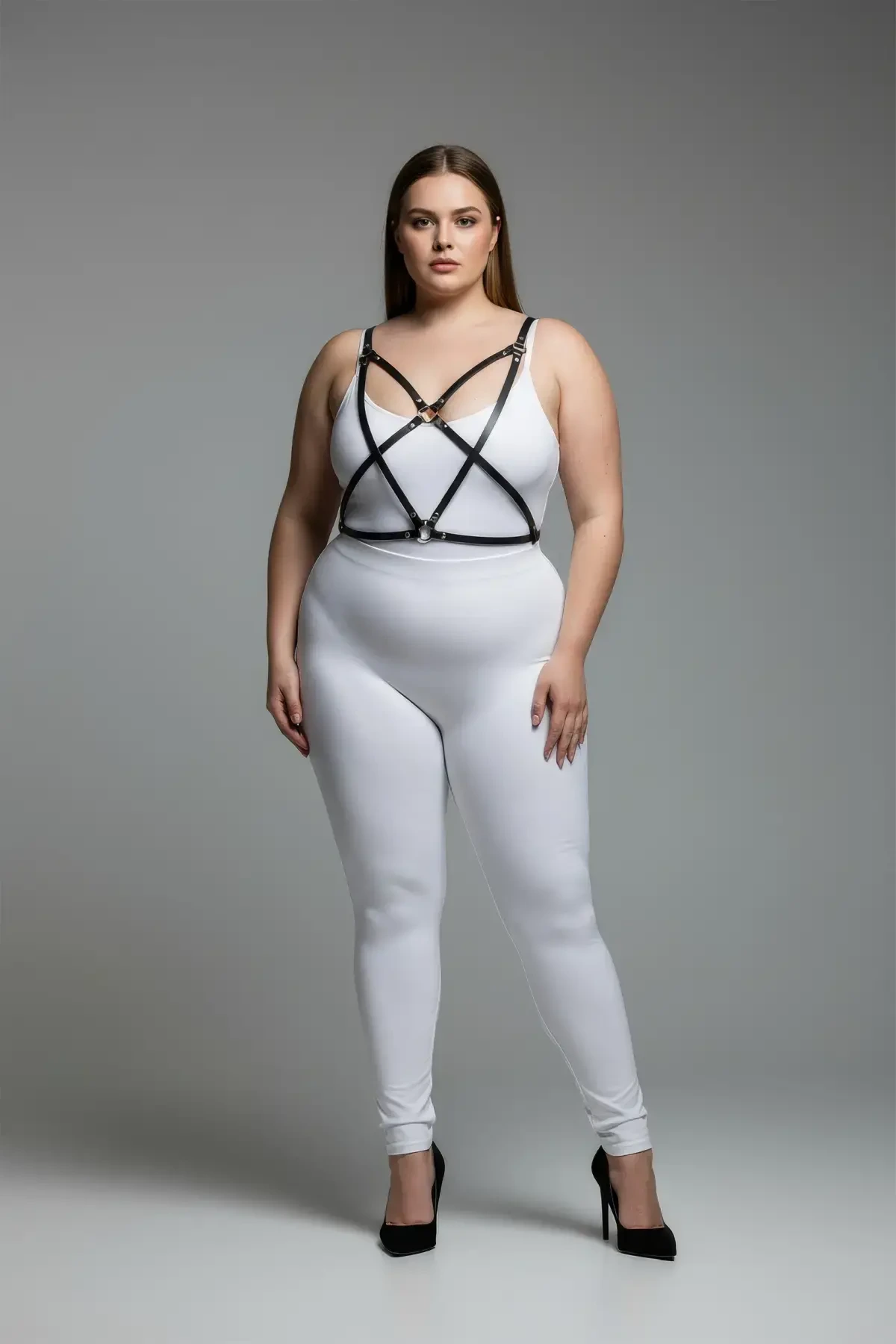 Large Size Black Women's Harness Suit Leather Cross Strap Combination Accessory - APFT181