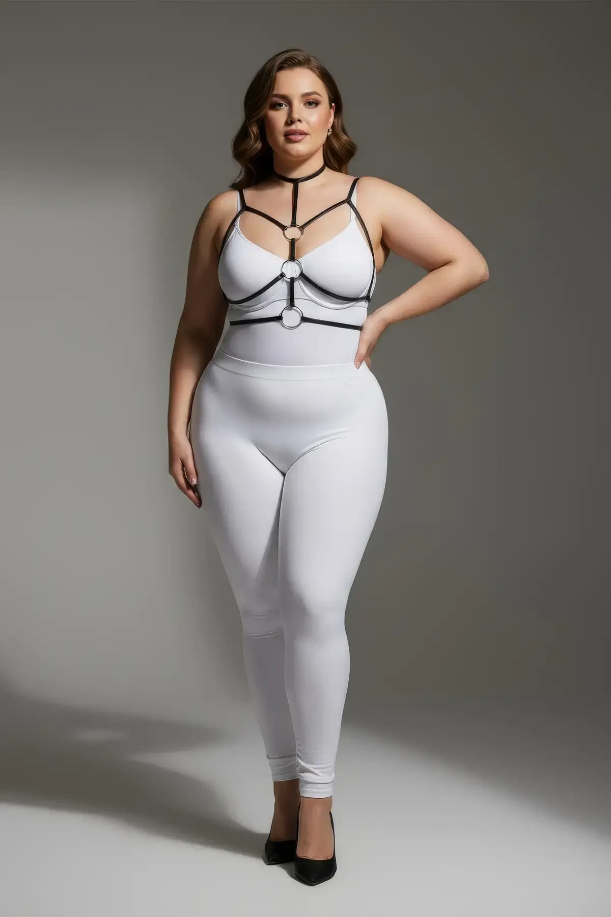 Large Size Black Women's Harness Ring and Neck Collar Detailed Rubber Accessory - APFT184