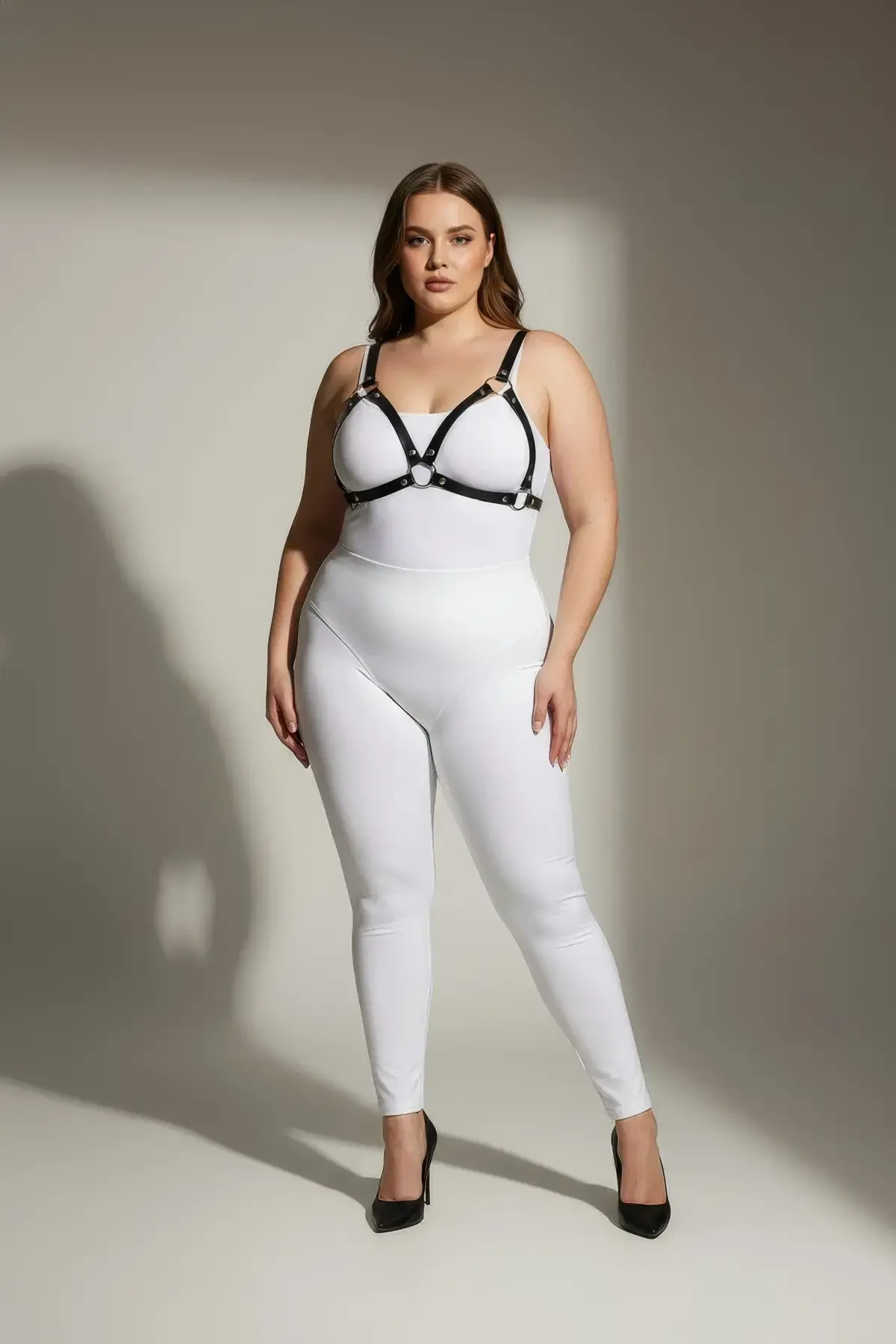 Plus Size Black Women's Leather Harness Set Ring Detailed Bra Accessory - APFT190