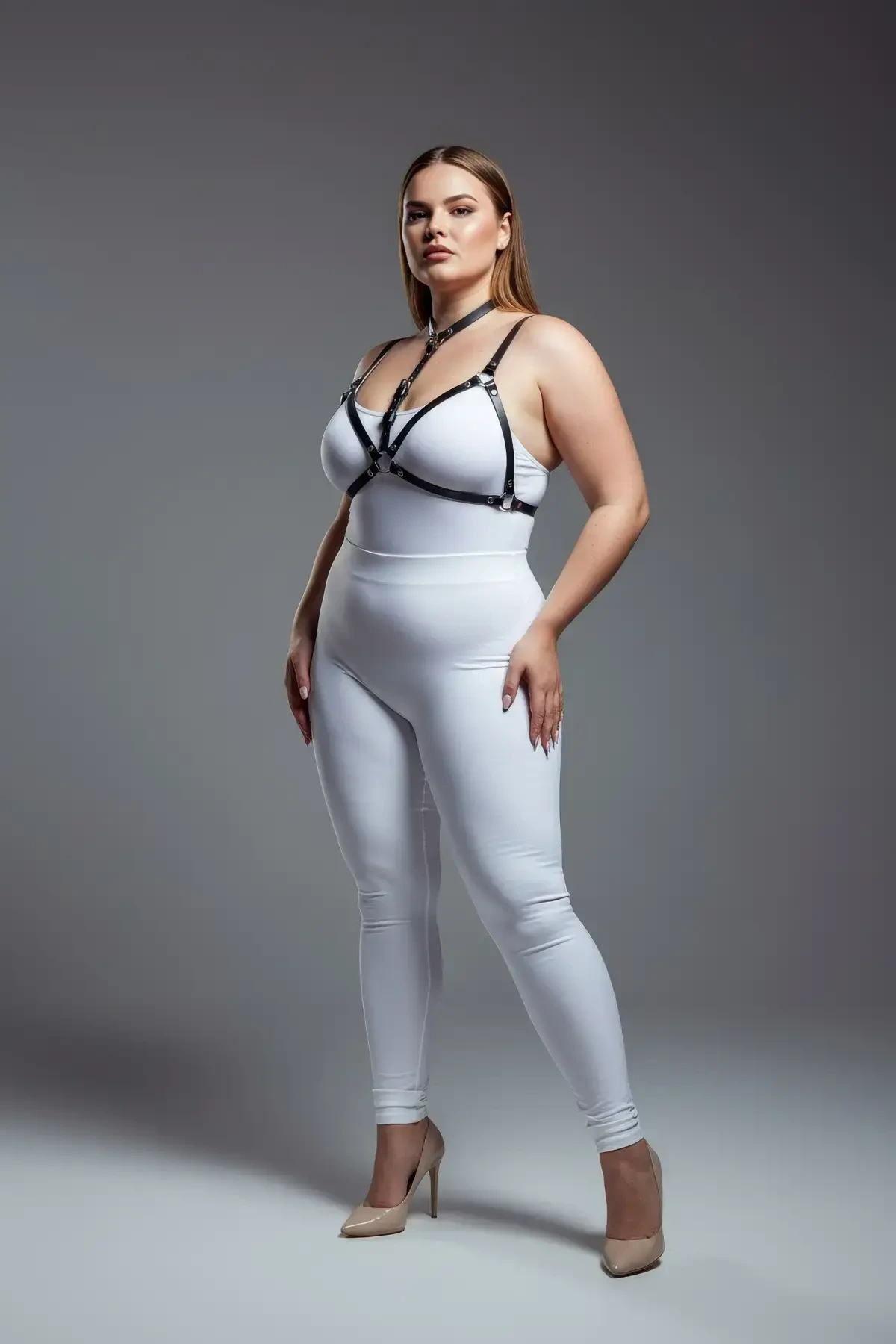 Large Size Black Women's Harness Set Stylish Leather Chest Accessory - APFT197