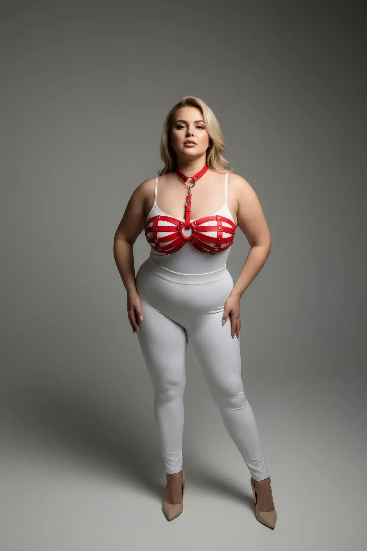 Plus Size Red Women's Leather Harness Set Sexy Body Accessory with Ring Detail - APFT224