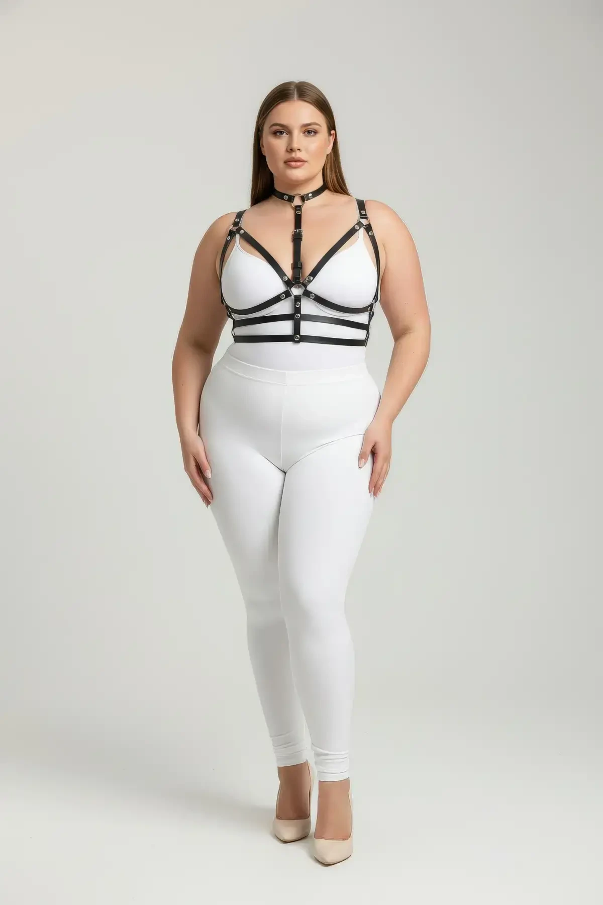 Plus Size Black Women's Leather Harness Suit with Neck Collar and Ring Detail - APFT235