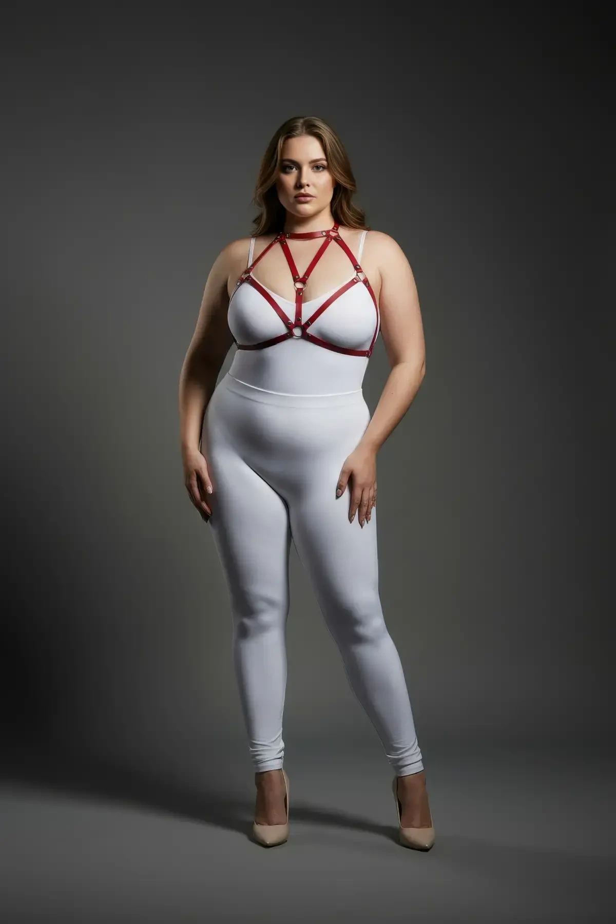 Plus Size Red Women's Leather Harness Set Stylish Body Accessory with Ring Detail - APFT244